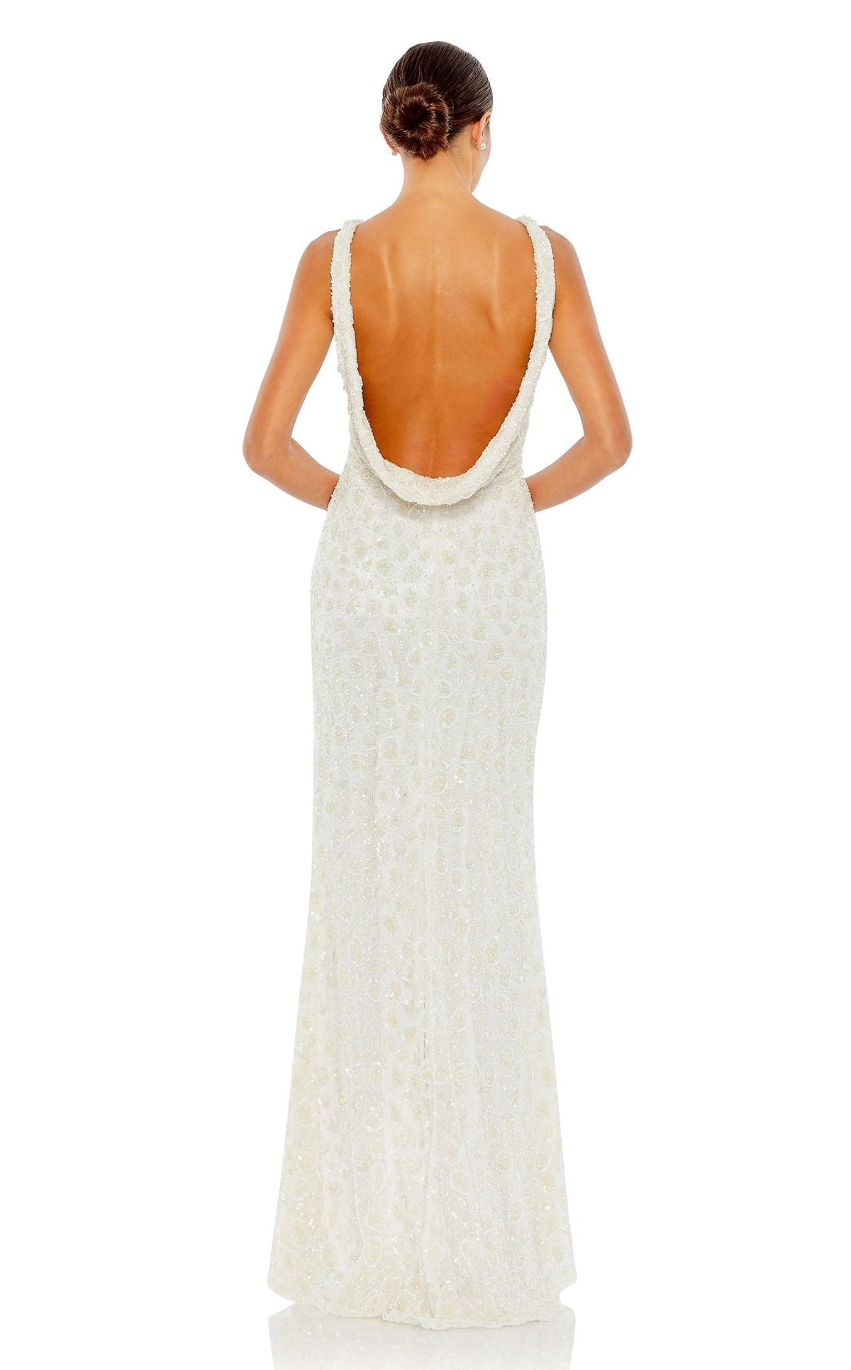 White Jewel Neck Floor-Length Beaded Prom Gown with High Slit and Open Back Mac Duggal 5667
