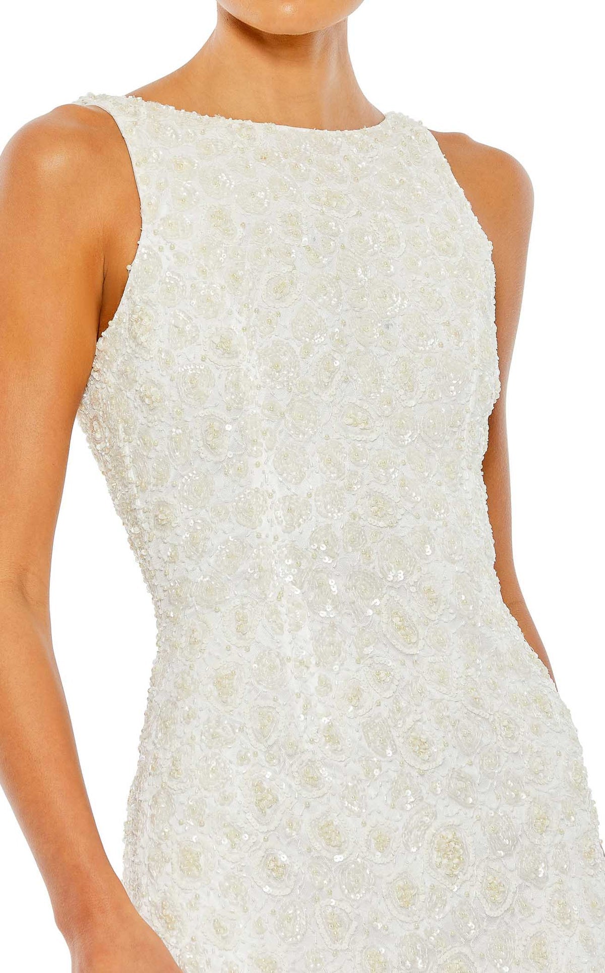 White Jewel Neck Floor-Length Beaded Prom Gown with High Slit and Open Back Mac Duggal 5667