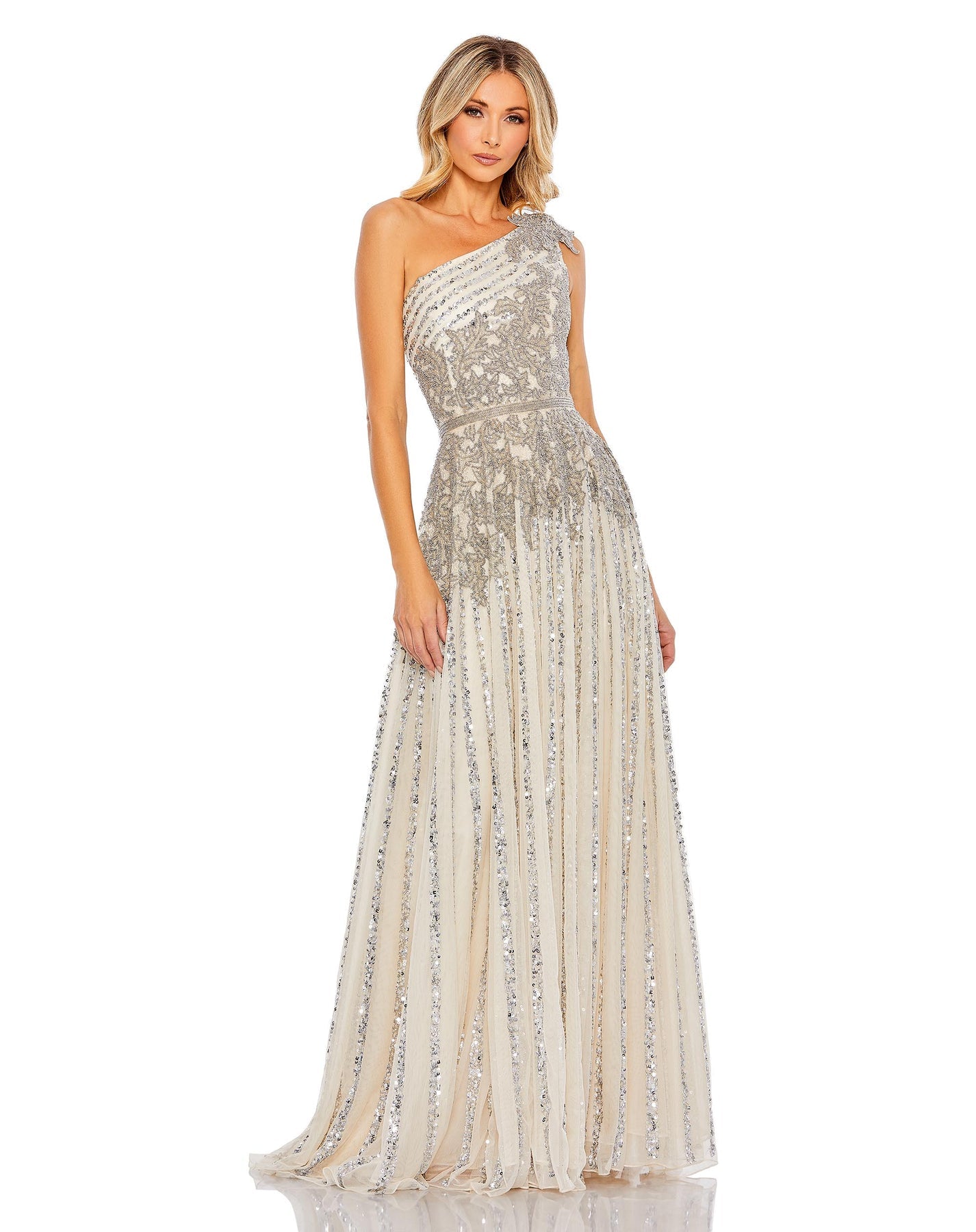 Silver Beaded Embellished One Shoulder A Line Gown