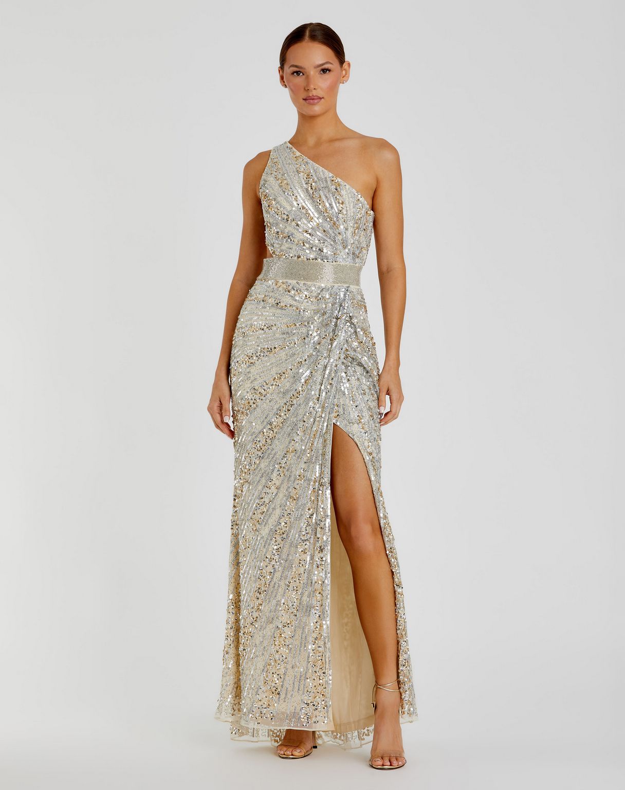 Prom Dresses Long Formal One Shoulder Prom Gown Nude Silver