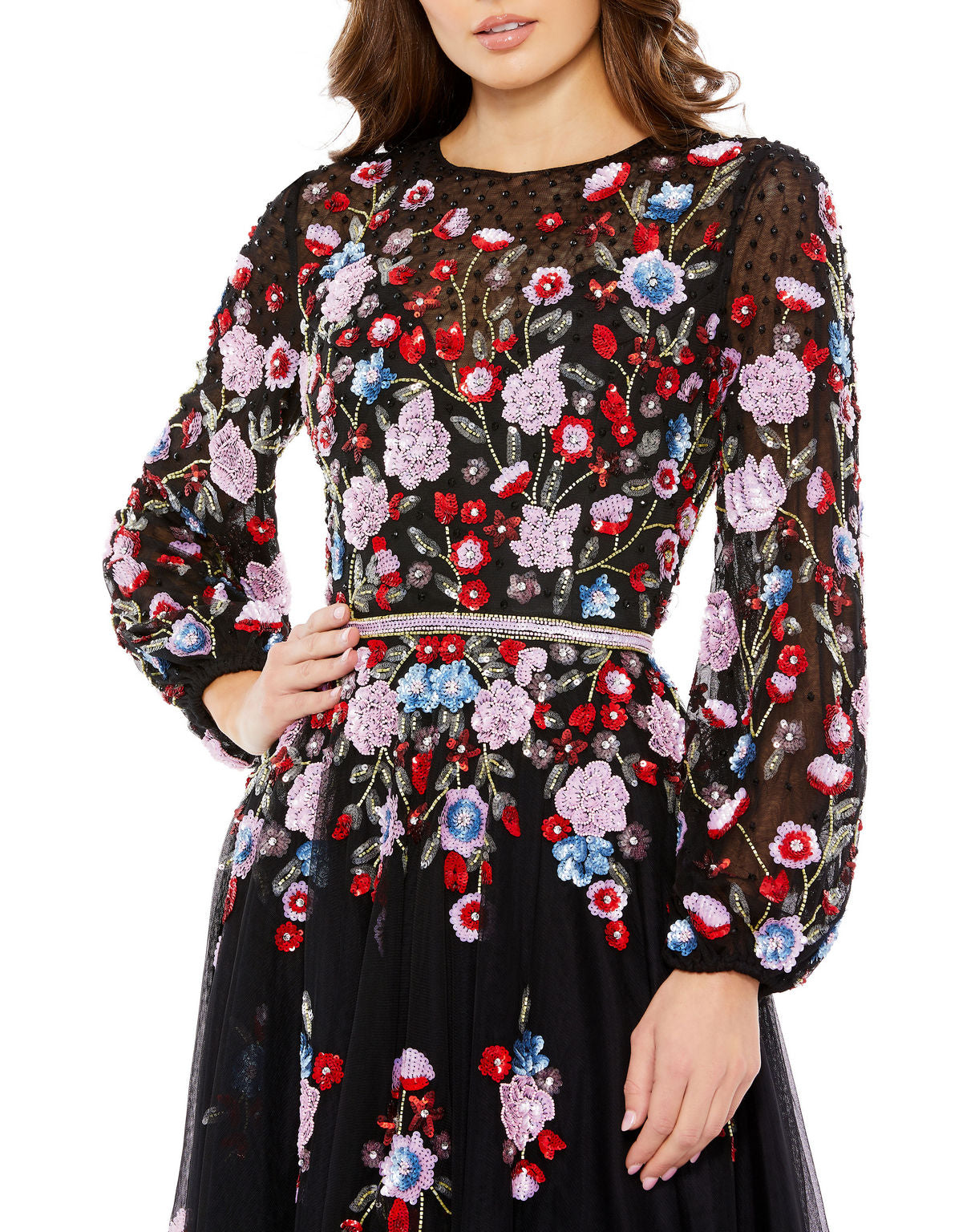 Black Multi Mac Duggal 5712 Long Sleeve Floral A Line Cocktail Midi
