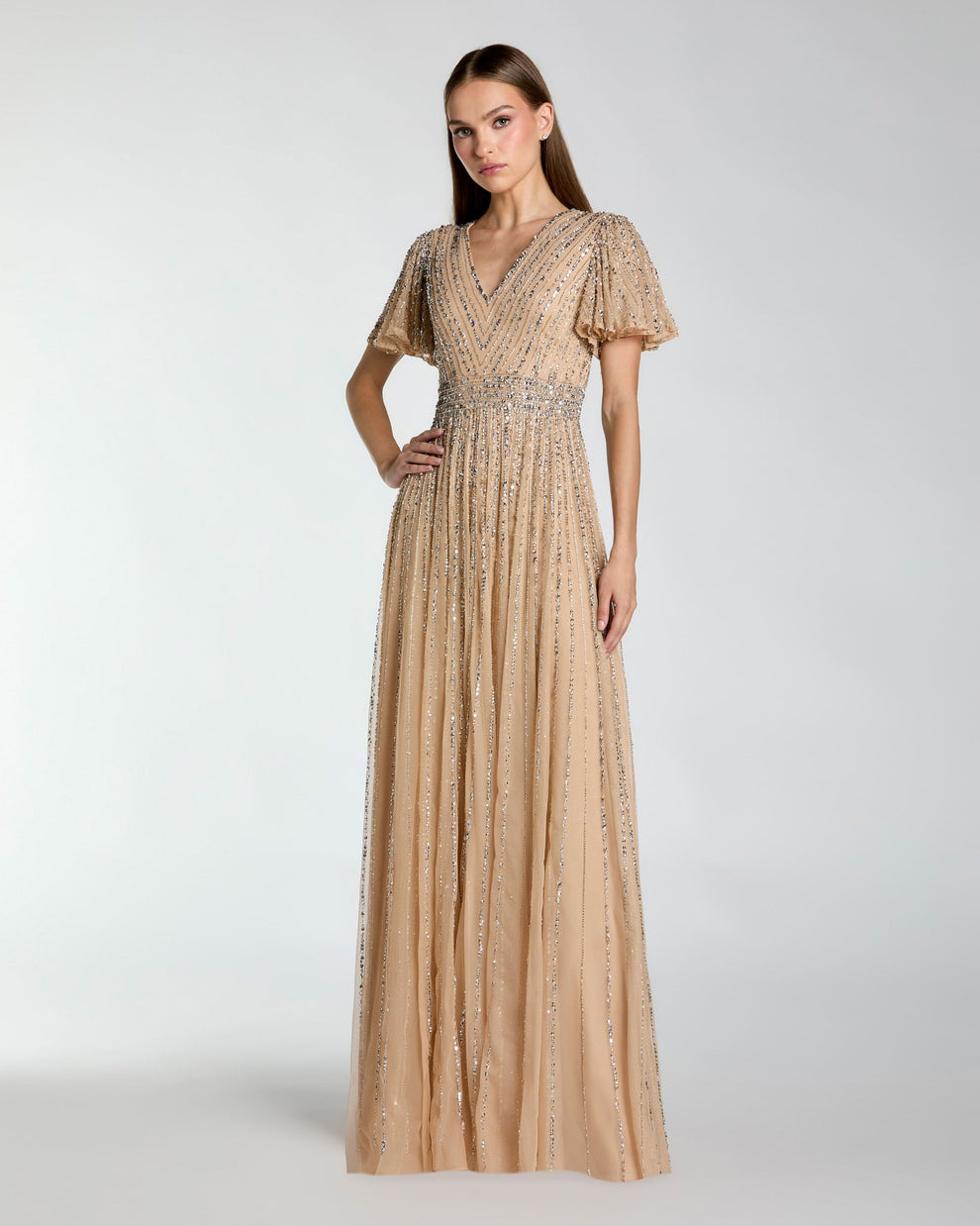 Mother of the Bride Dresses Long Formal A Line Beaded Sequin Mother of the Bride Dress Mac Duggal 5713 Nude Silver