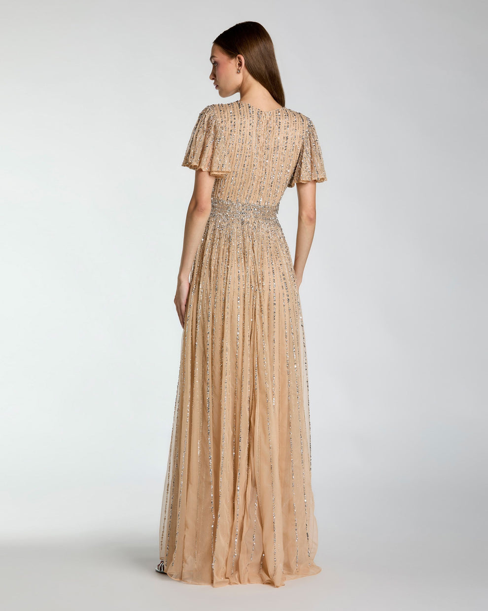 Mother of the Bride Dresses Long Formal A Line Beaded Sequin Mother of the Bride Dress Mac Duggal 5713 Nude Silver