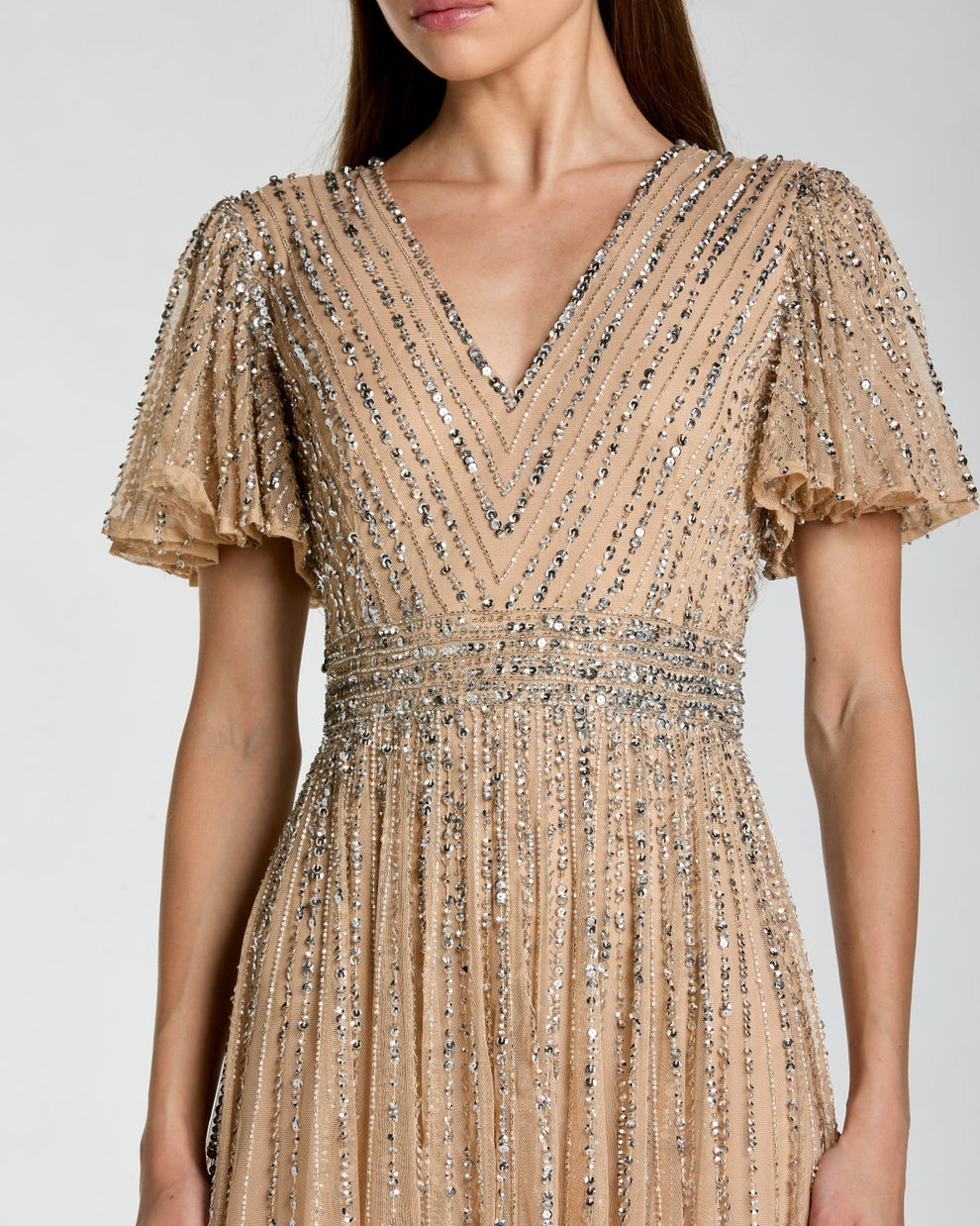 Mother of the Bride Dresses Long Formal A Line Beaded Sequin Mother of the Bride Dress Mac Duggal 5713 Nude Silver