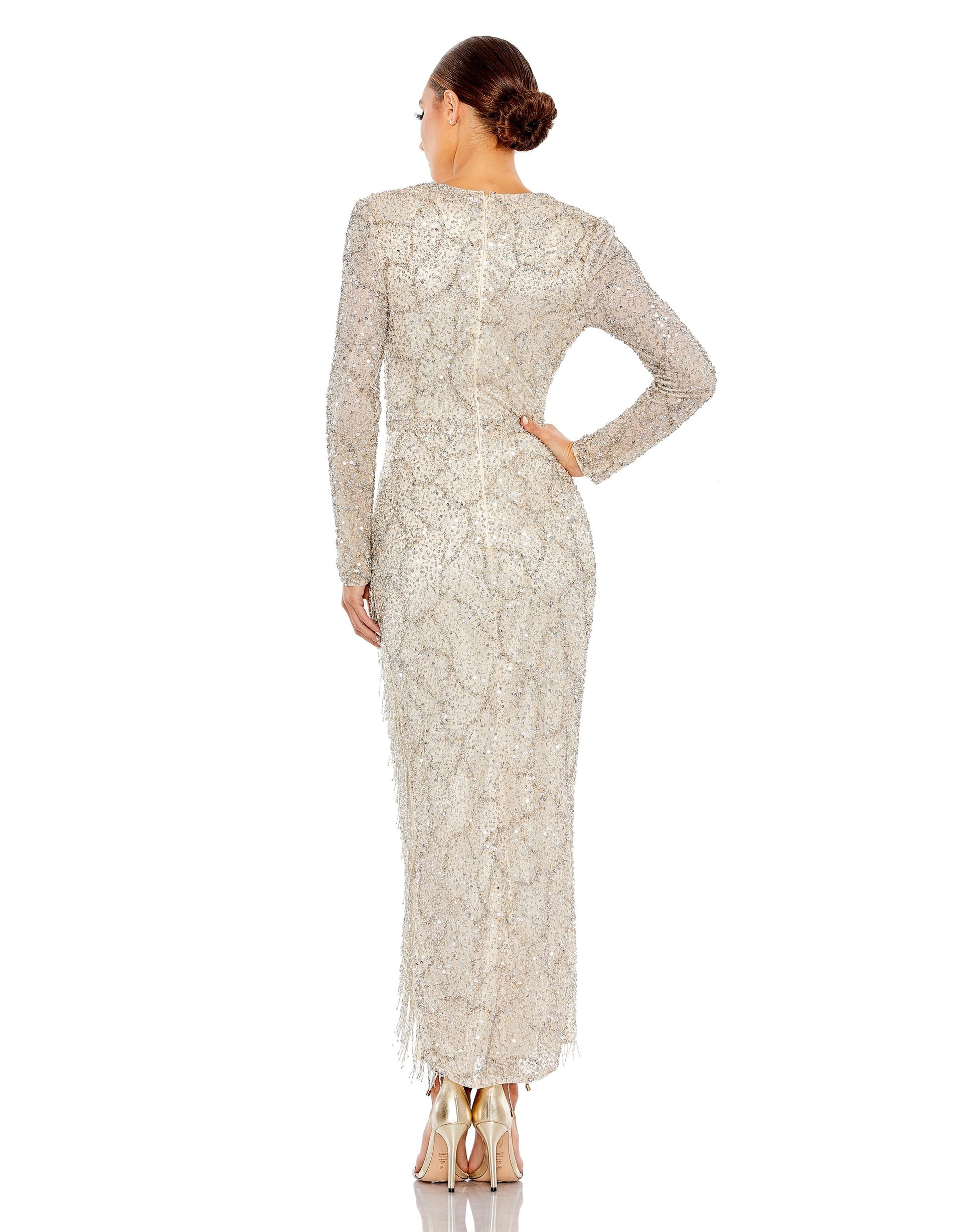 Mac Duggal 5741 Long Sleeve Beaded Fringe Formal Prom Dress