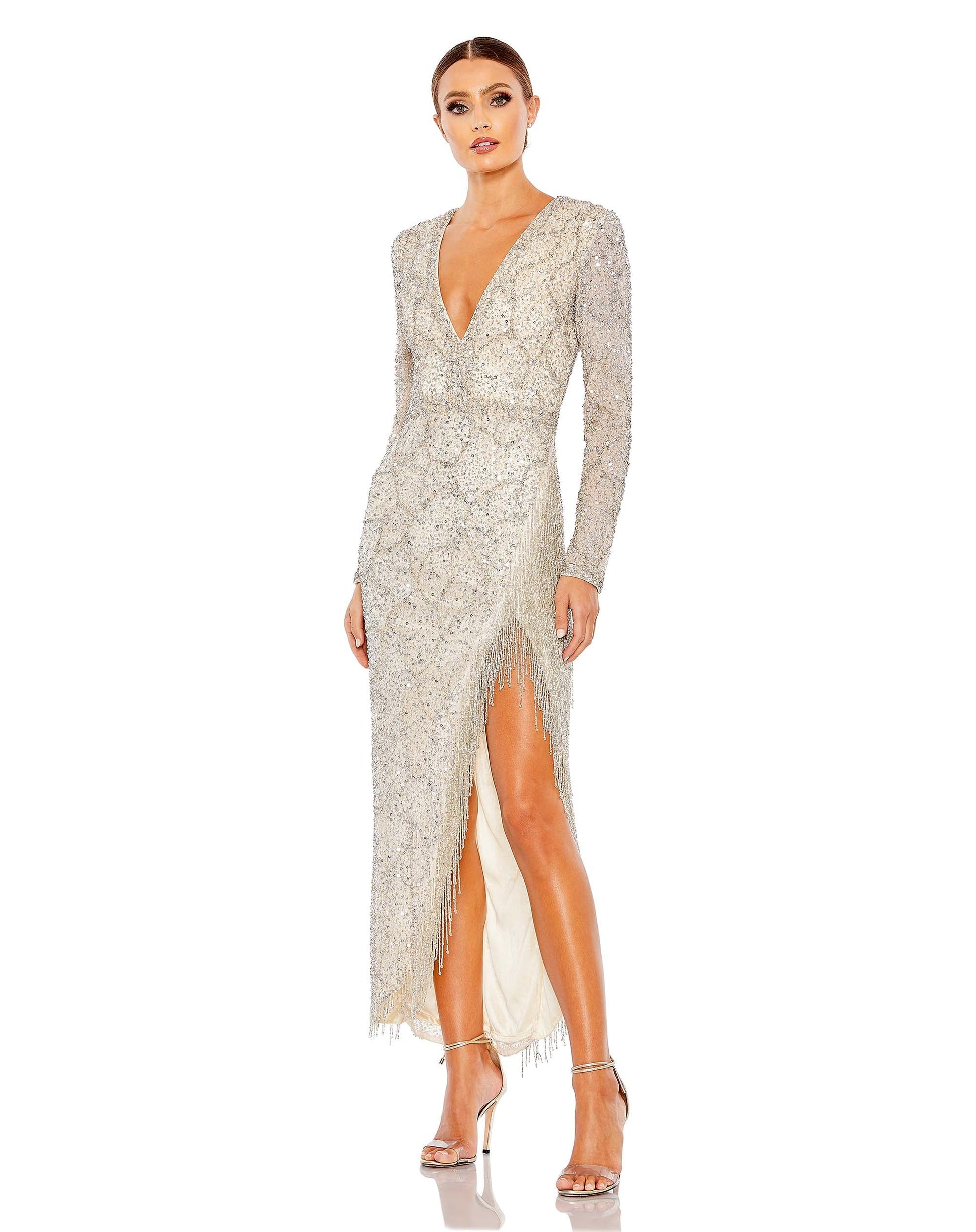 Mac Duggal 5741 Long Sleeve Beaded Fringe Formal Prom Dress