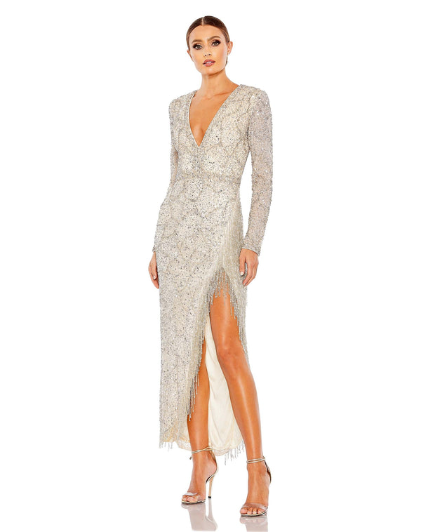 Long Sleeve Beaded Fringe Formal Prom Dress Beaded Fringe Prom Formal Long Sleeve Mac Duggal 5741