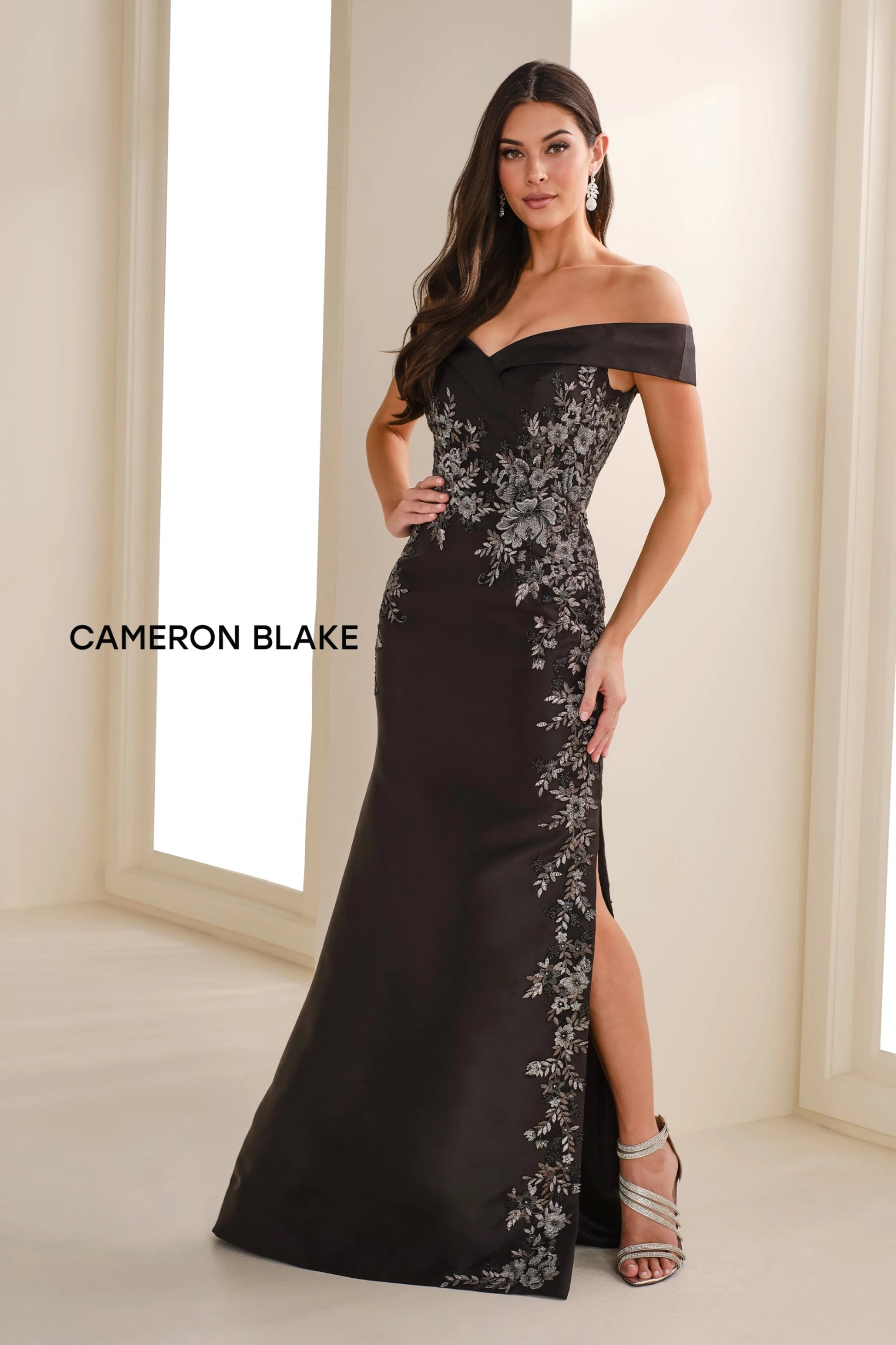 Cameron Blake CB777 Floral Long Lace Applique Evening Formal Dress