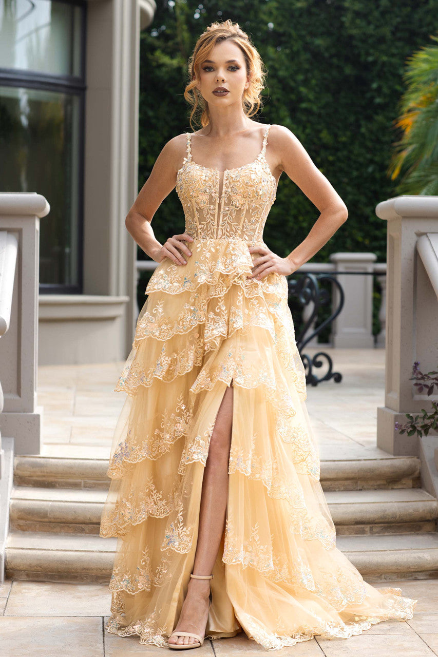 Sweetheart Long Lace Prom Dress by Lenovia 8372 in Champagne