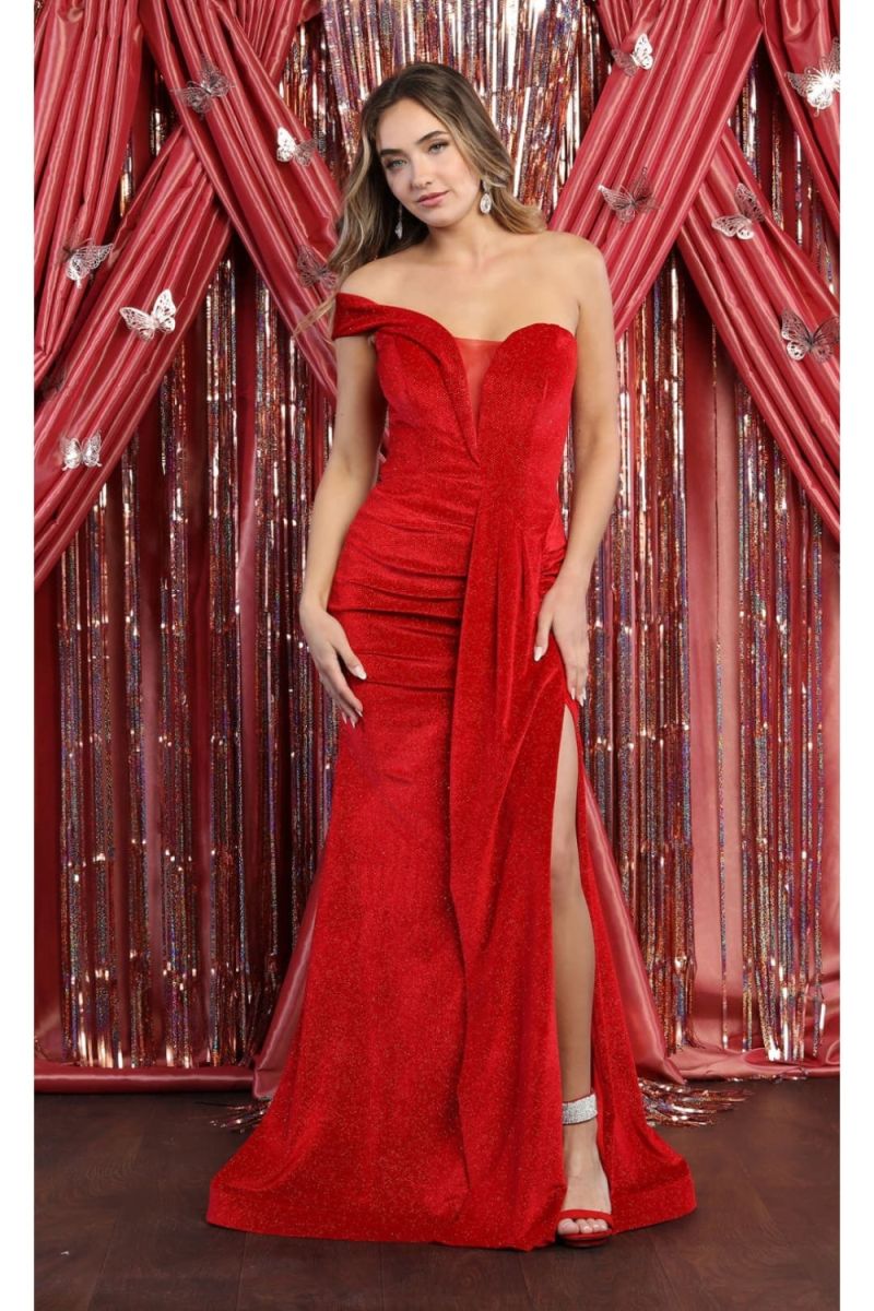 Red Off-The-Shoulder Floor-Length Velvet Formal Gown High Slit May Queen MQ1839