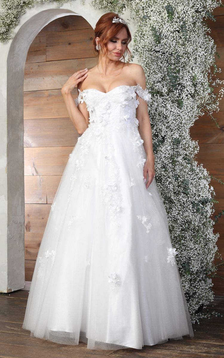 Off-the-Shoulder Floor-Length Tulle Bridal Dress A-Line May Queen RQ8034