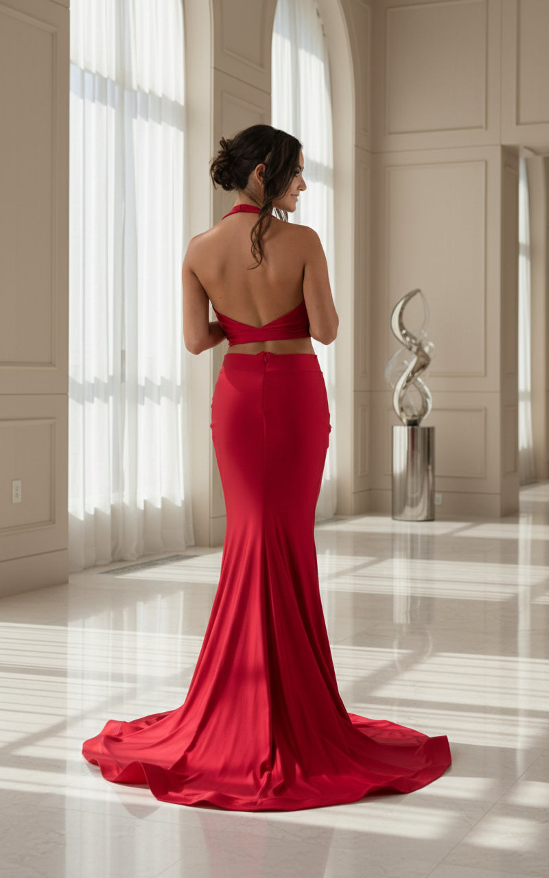 Prom Dresses Fitted Long Formal Two Piece Prom Dress Red