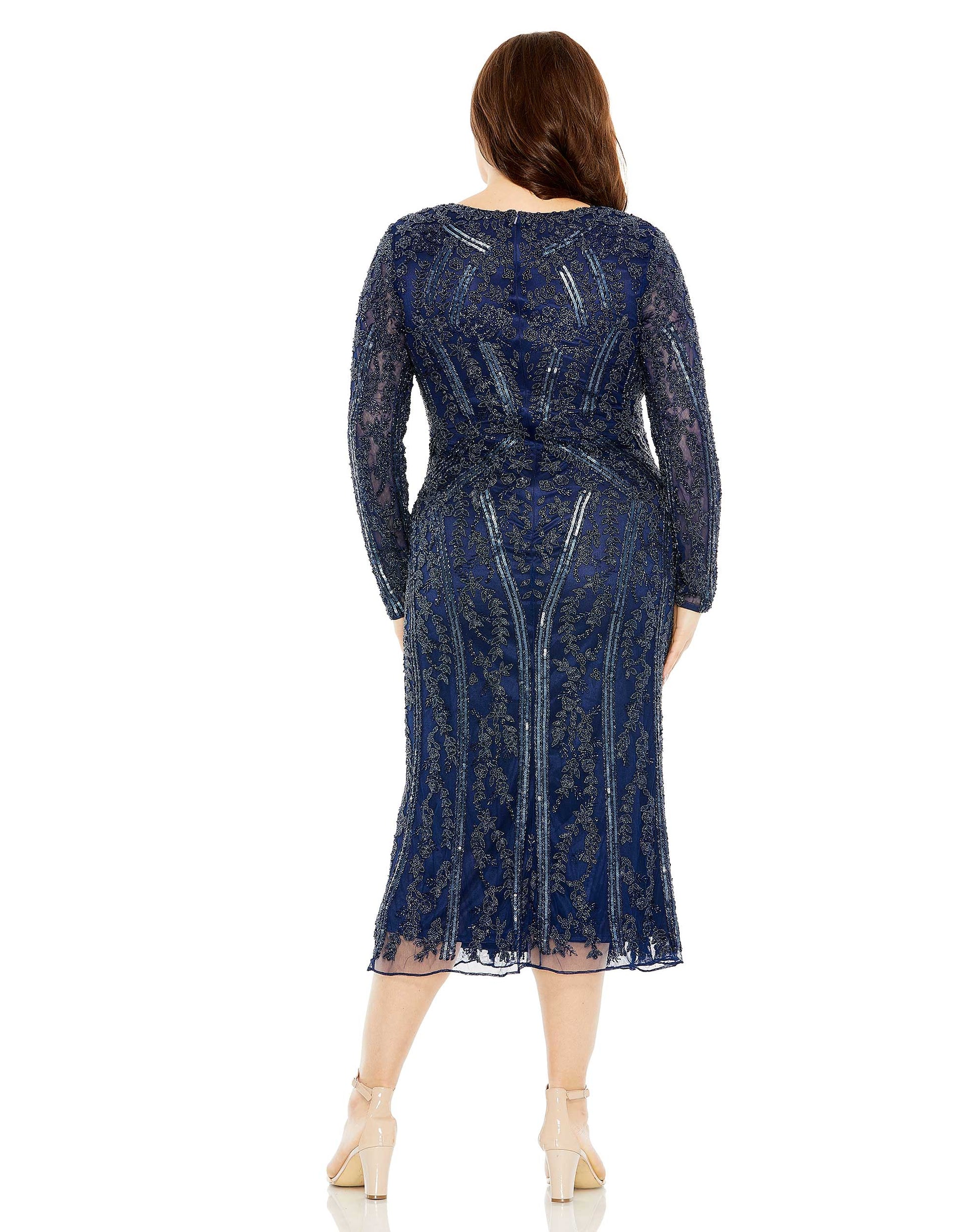 Plus Size Dresses Plus Size Long Sleeve Evening Fitted Midi Dress Midnight