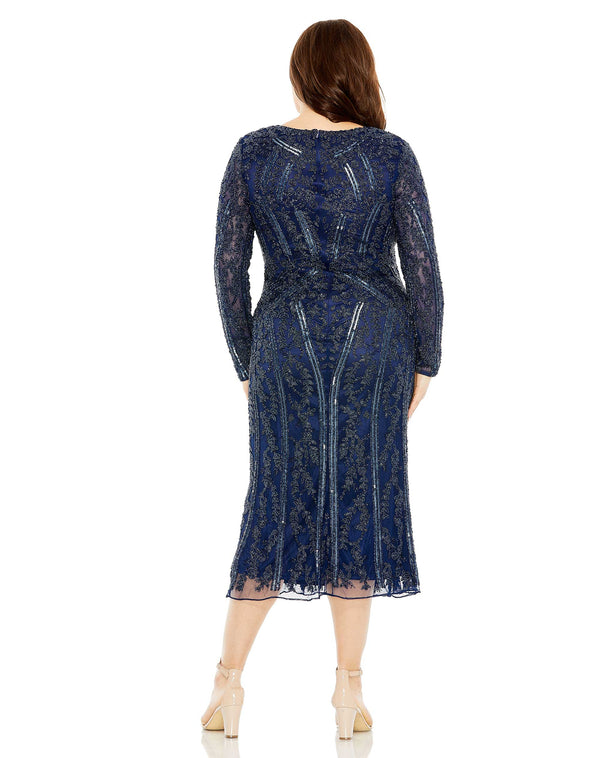 Plus Size Dresses Plus Size Long Sleeve Evening Fitted Midi Dress Midnight