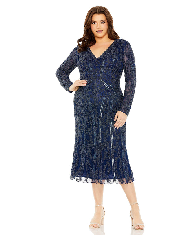 Plus Size Long Sleeve Dress Fitted Midi Mac Duggal 5938