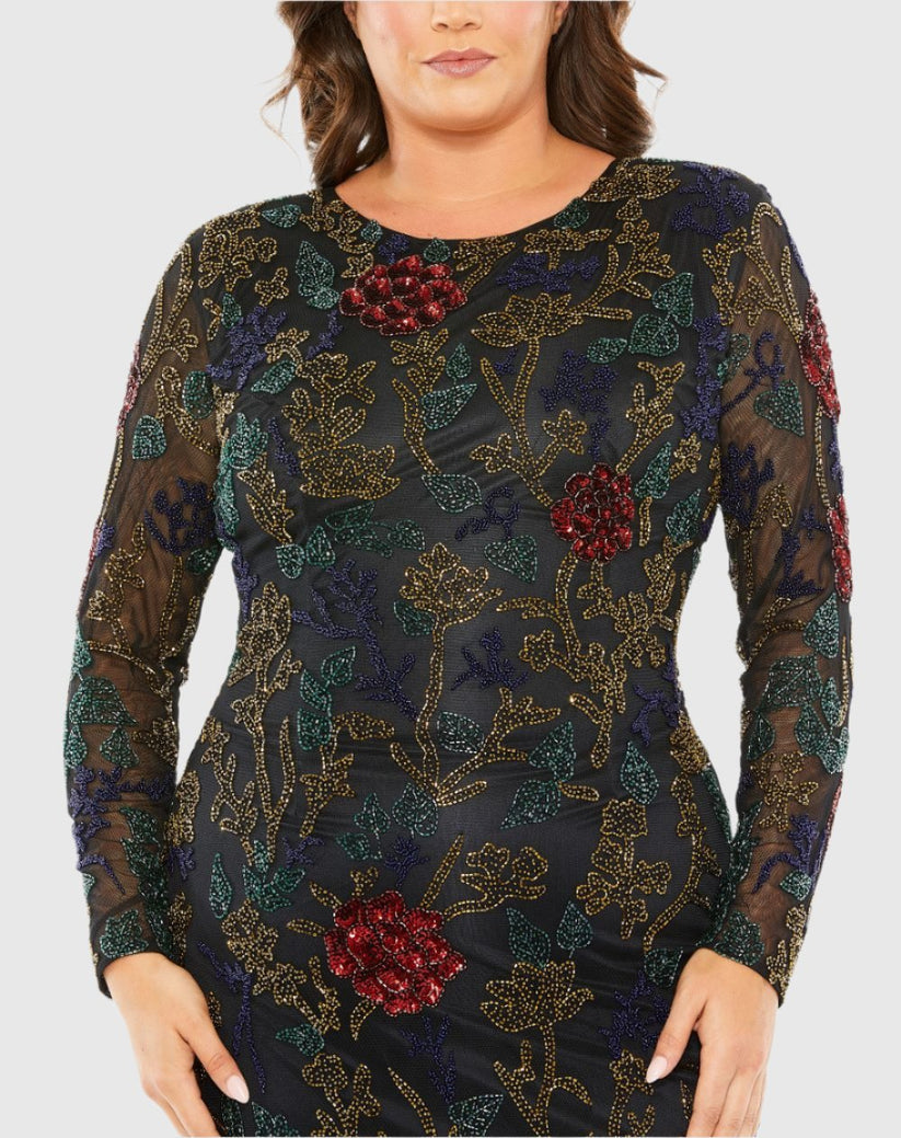 Mac Duggal 5942 Long Sleeve Plus Size Formal Beaded Evening Dress