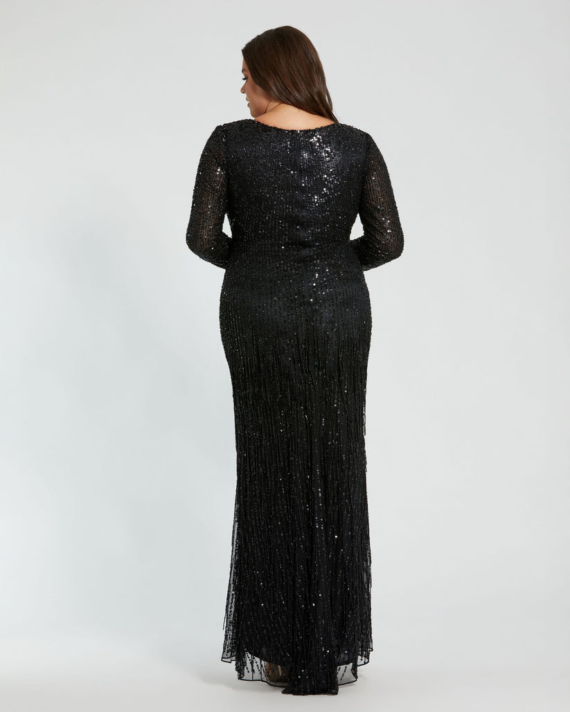Mac Duggal 5947 Long Sleeve Beaded Fringe Plus Size Formal Dress