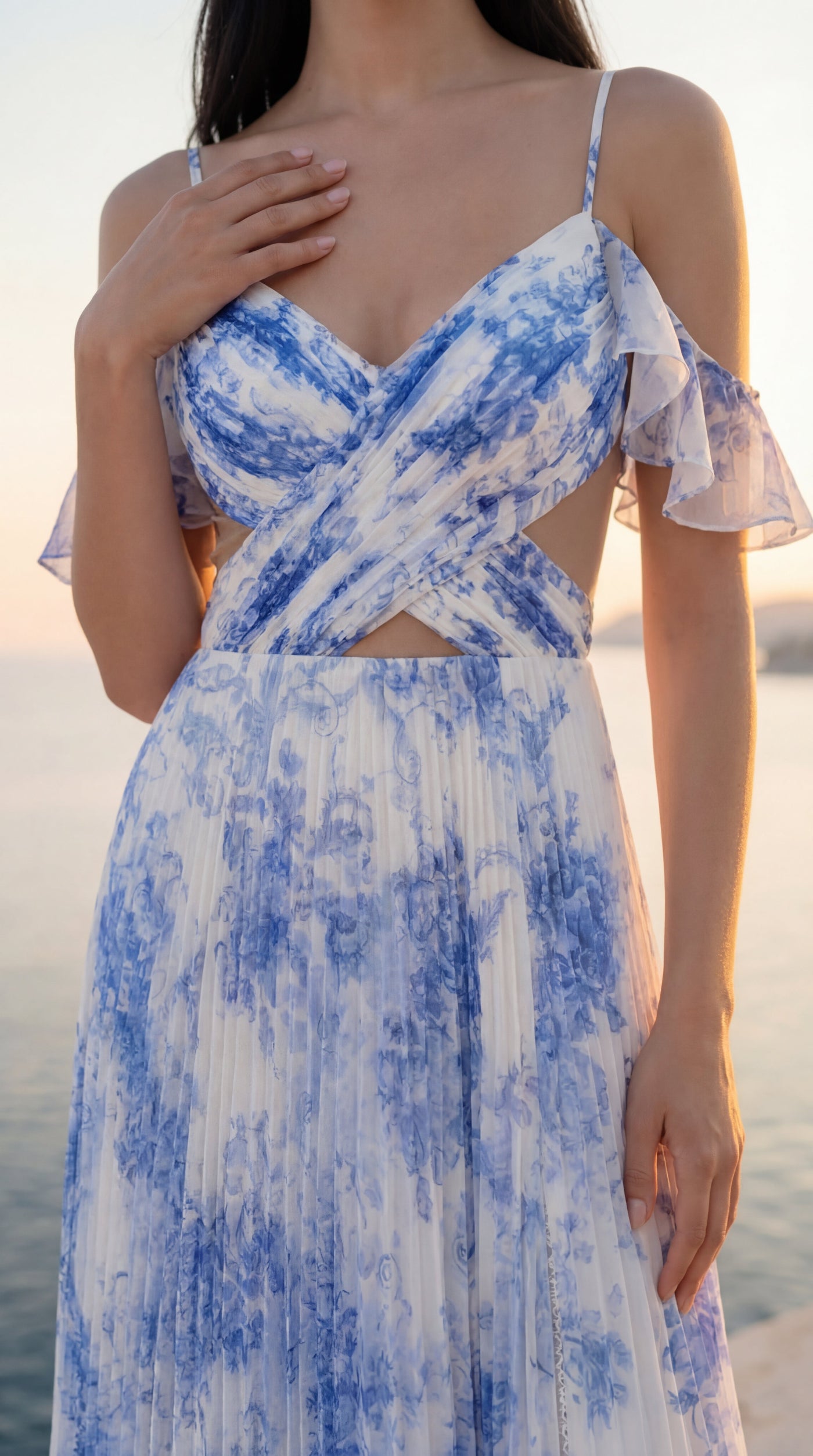 Blue Chiffon Long Prom Dress with V-Neck & Side Cutouts