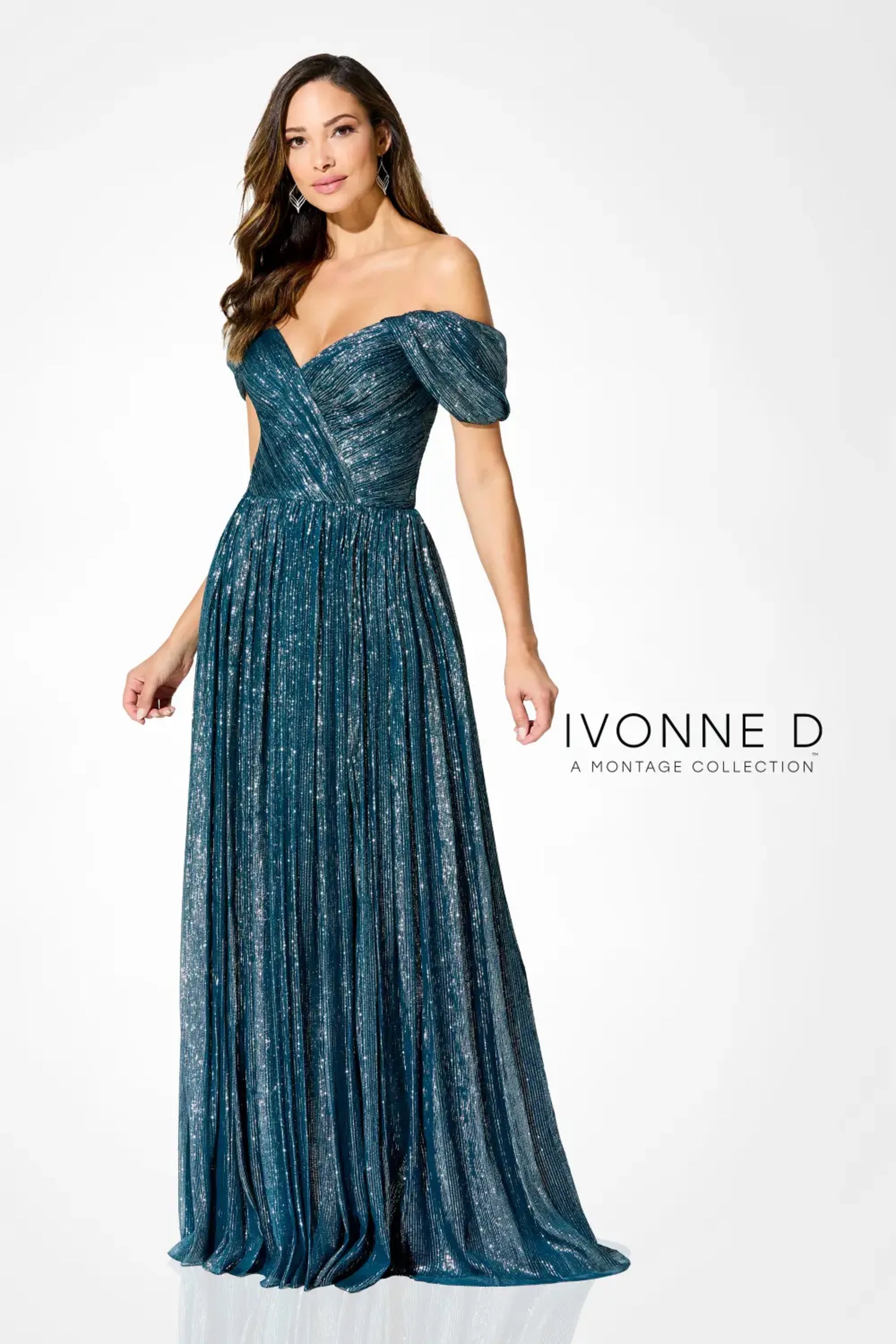 Ivonne D ID918 Glitter Long Formal Pleated Evening Dress