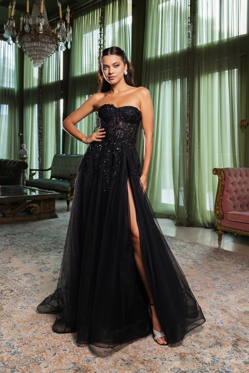 Black Strapless Floor-Length Tulle Prom Dress High Slit May Queen RQ8135