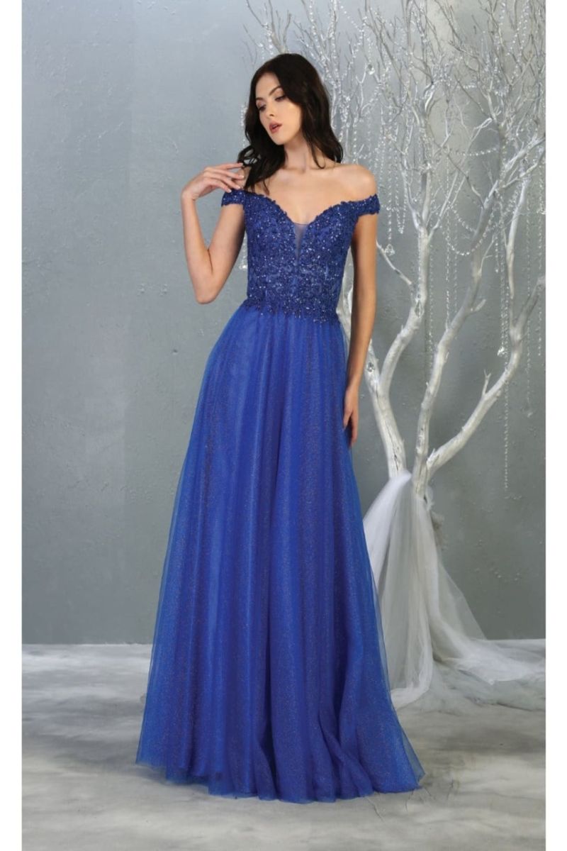Royal Blue Off-the-Shoulder Floor-Length Tulle Prom Dress May Queen RQ7864