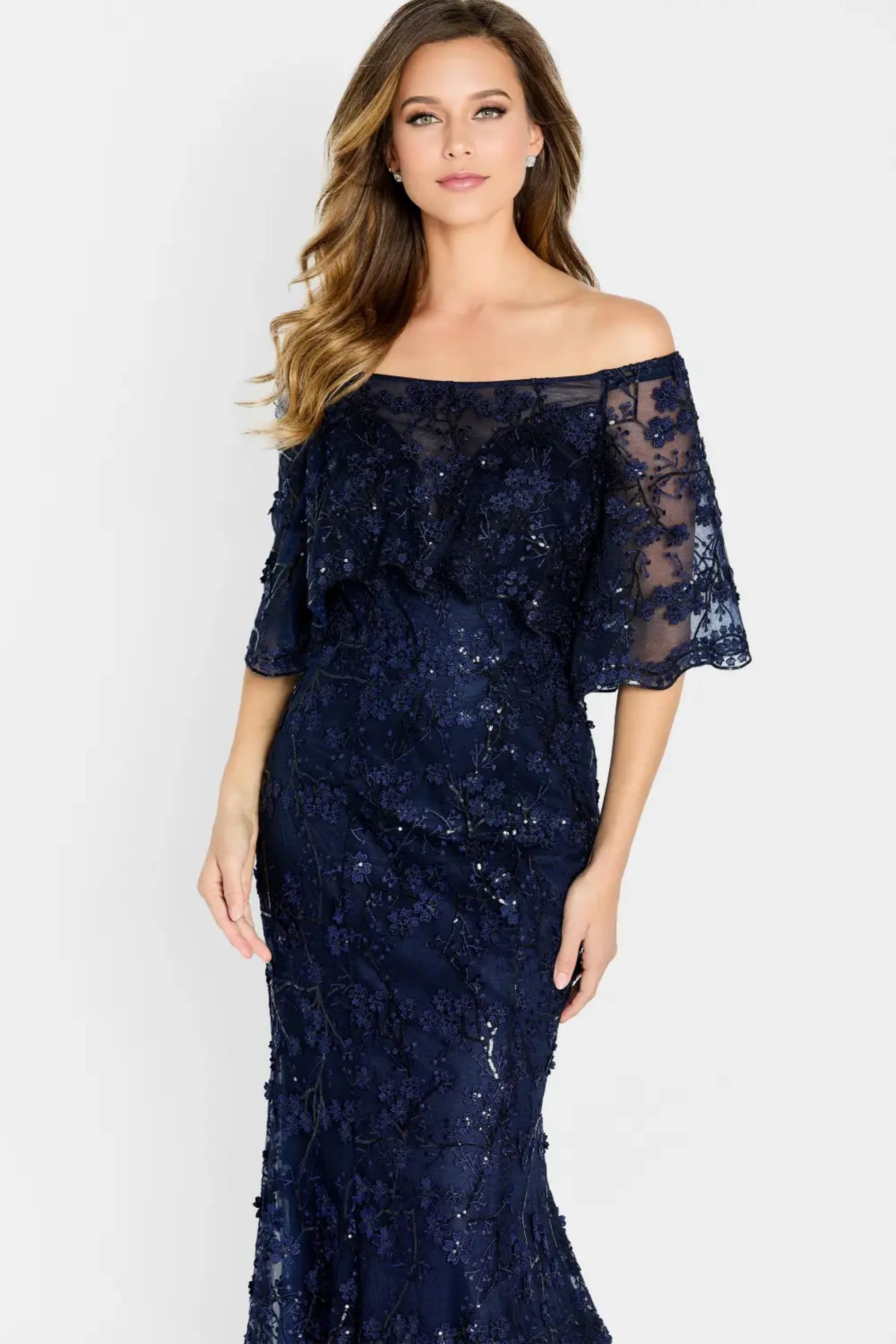 Cameron Blake CB135 Floral Long Lace Formal Evening Sequin Dress