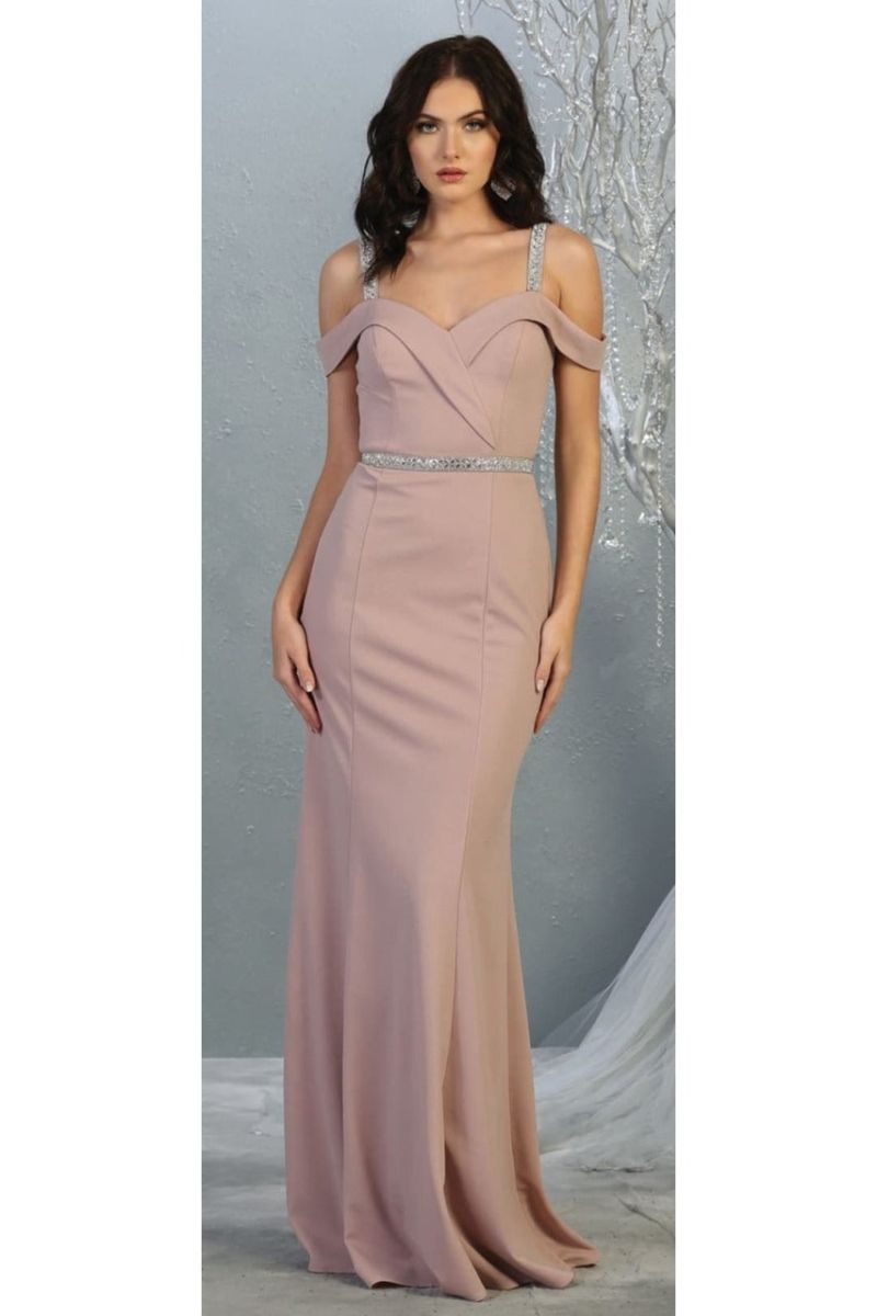 Mauve Cold-Shoulder Floor-Length Jersey Prom Dress May Queen MQ1765
