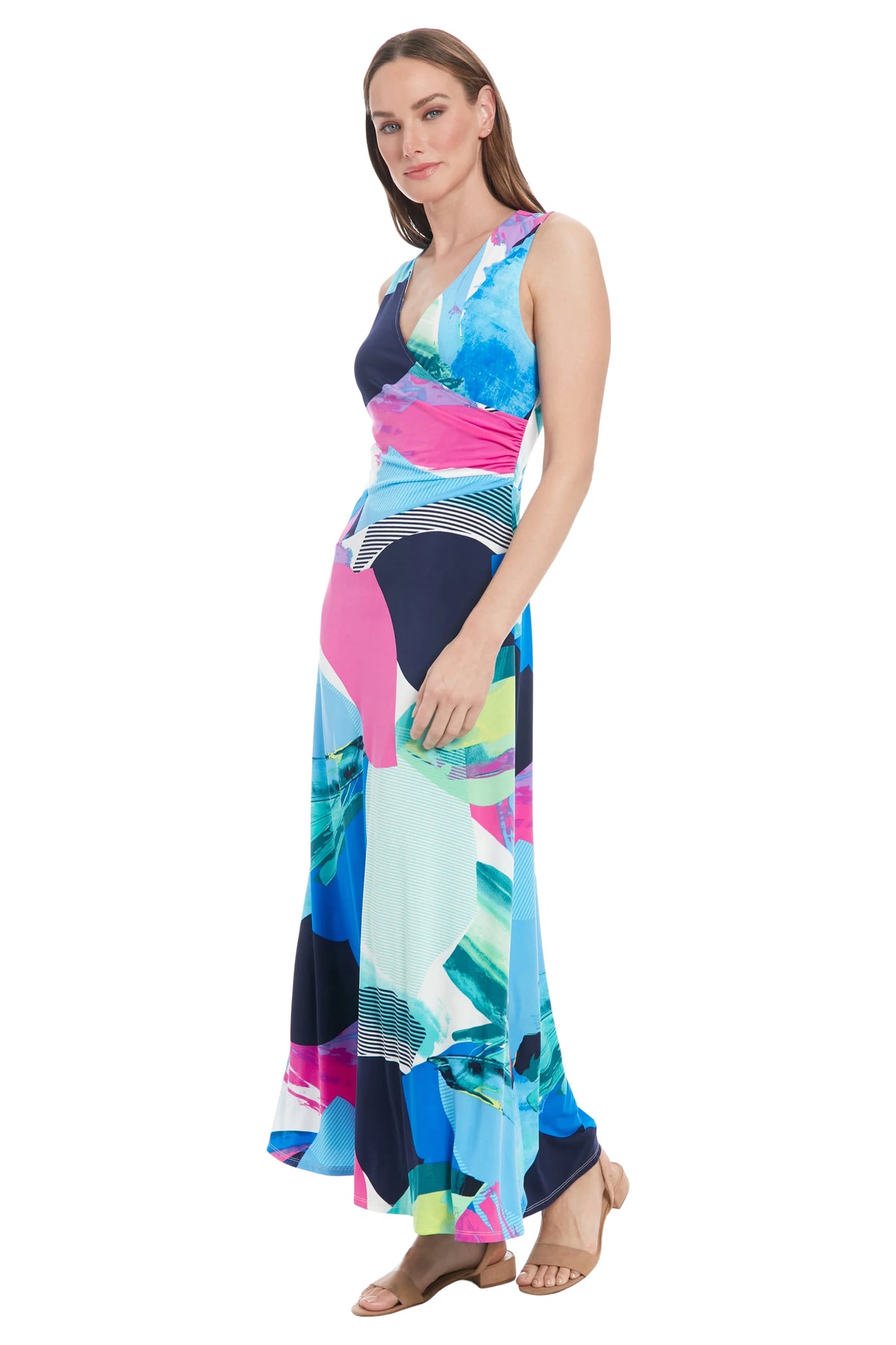 London Times Shirred Wrap Sleeveless Maxi Dress T10311M