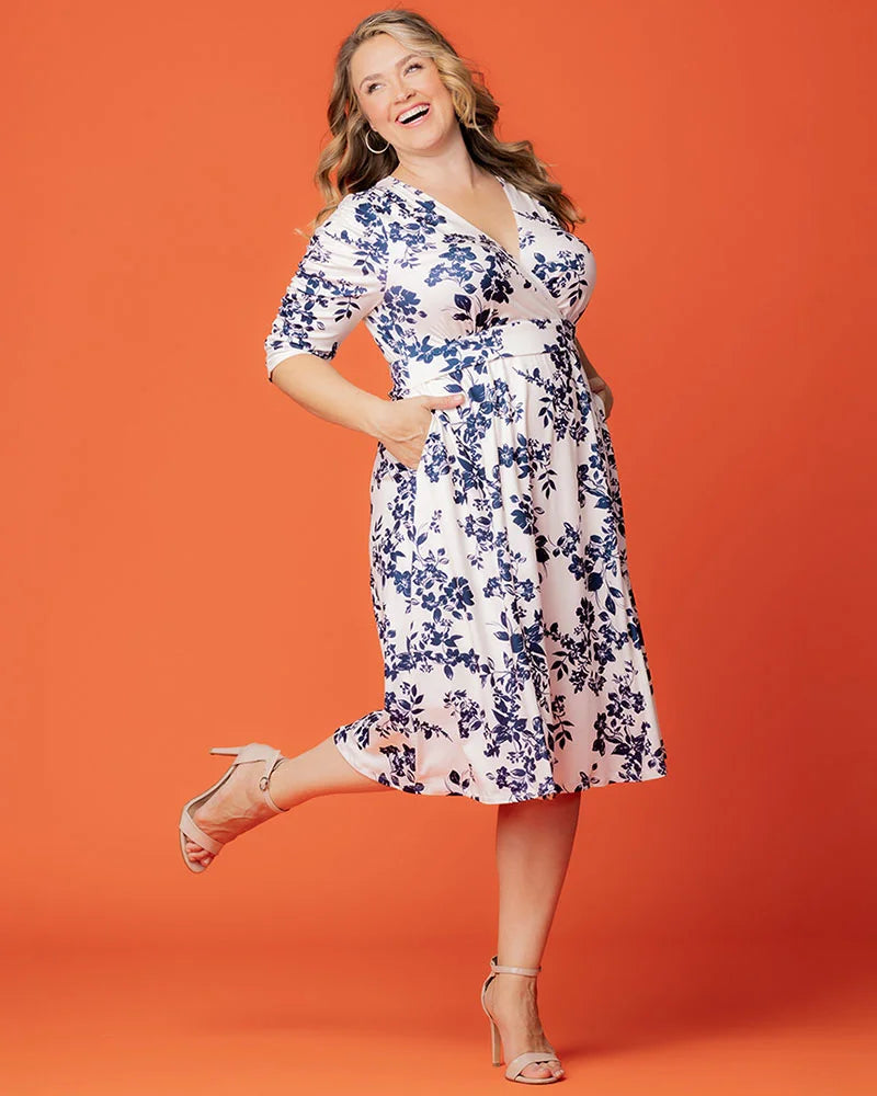 Ivory Florals V-Neck Knee-Length Floral Casual Dress Plus Size A-Line Dress with Pockets Kiyonna 12183501