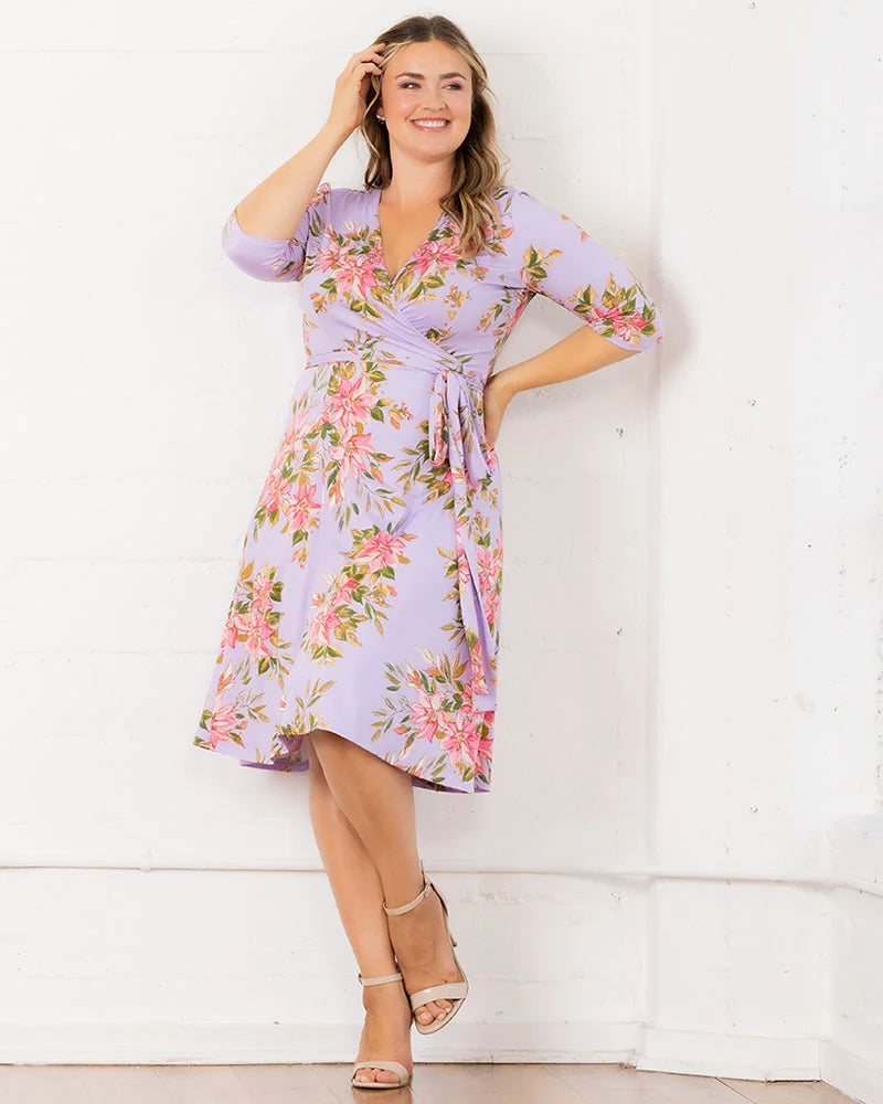 Plus Size Dresses Short Fitted Print Midi Cocktail Dress Lilac Romantic Florals