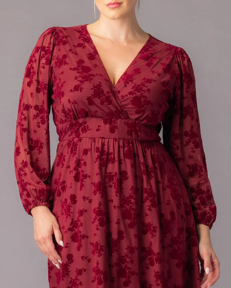 Plus Size Dresses Short Floral Midi Cocktail Plus Size Dress Kiyonna 17253601 Bordeaux Flocked Florals