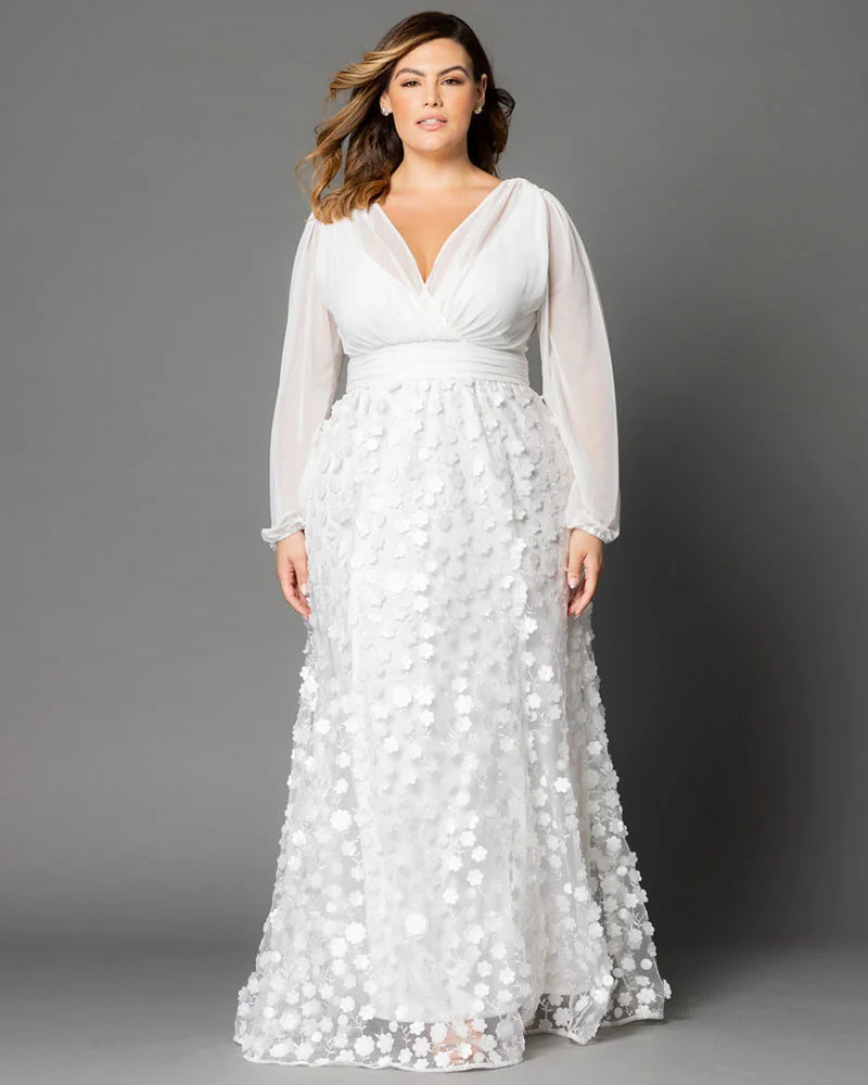 Wedding Dresses Long Sleeve 3D Floral A Line Plus Size Wedding Dress Kiyonna 19233607 Ivory Blossoms