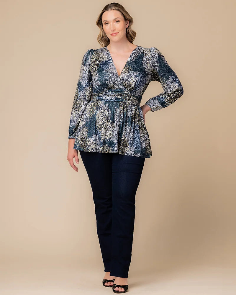 Top Long Sleeve Formal Top Blue Impressionist Print