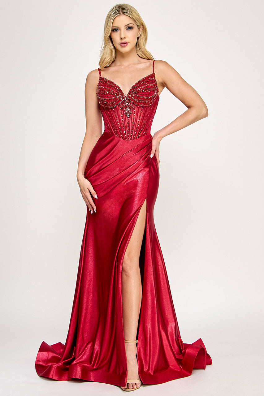 Prom Dresses Pleated Long Formal Corset Prom Dress Lenovia 8404 Red
