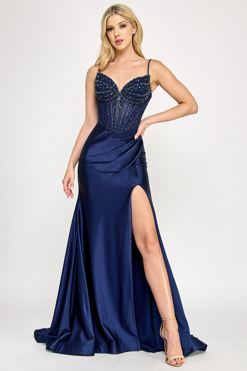Prom Dresses Pleated Long Formal Corset Prom Dress Lenovia 8404 Navy Blue