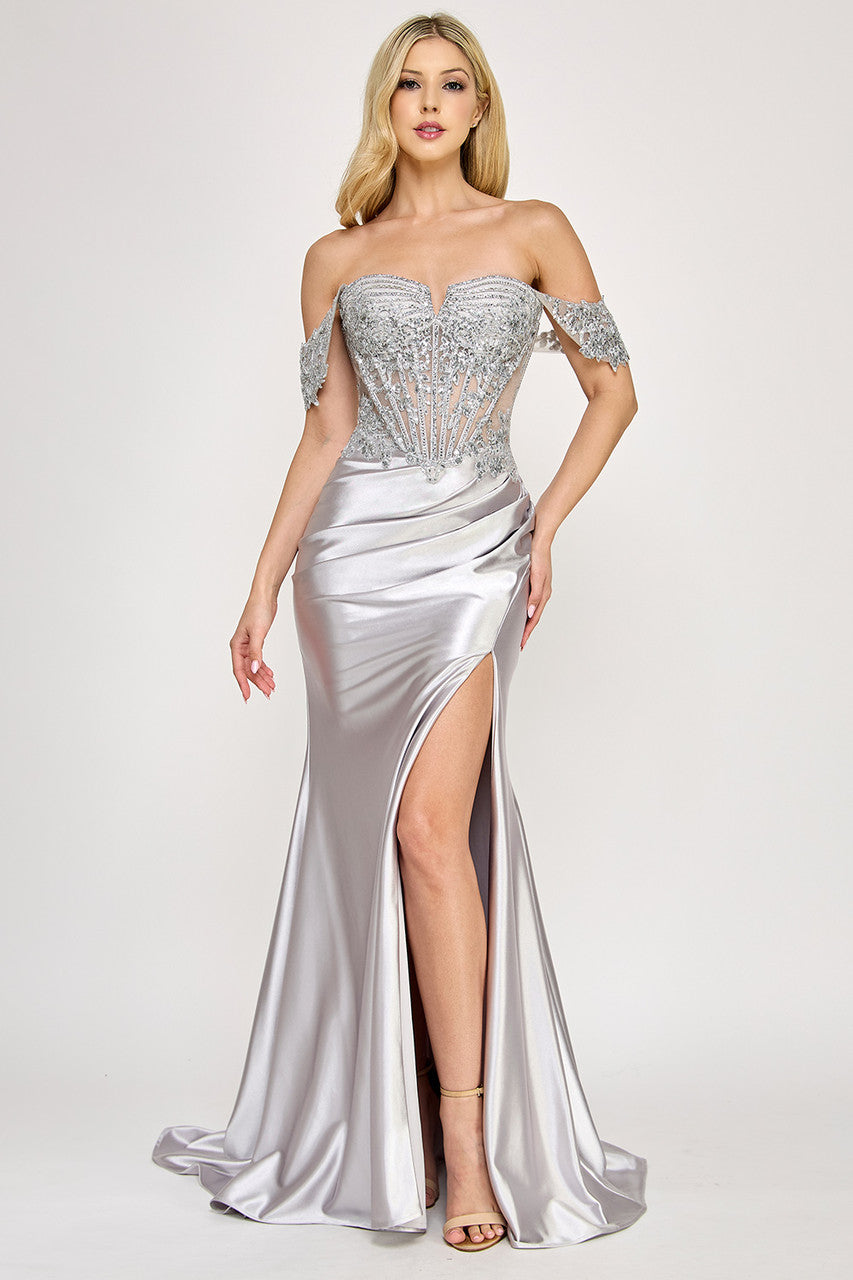 Prom Dresses Formal Evening Prom Fitted Long Beaded Corset Dress Lenovia 8398 Silver
