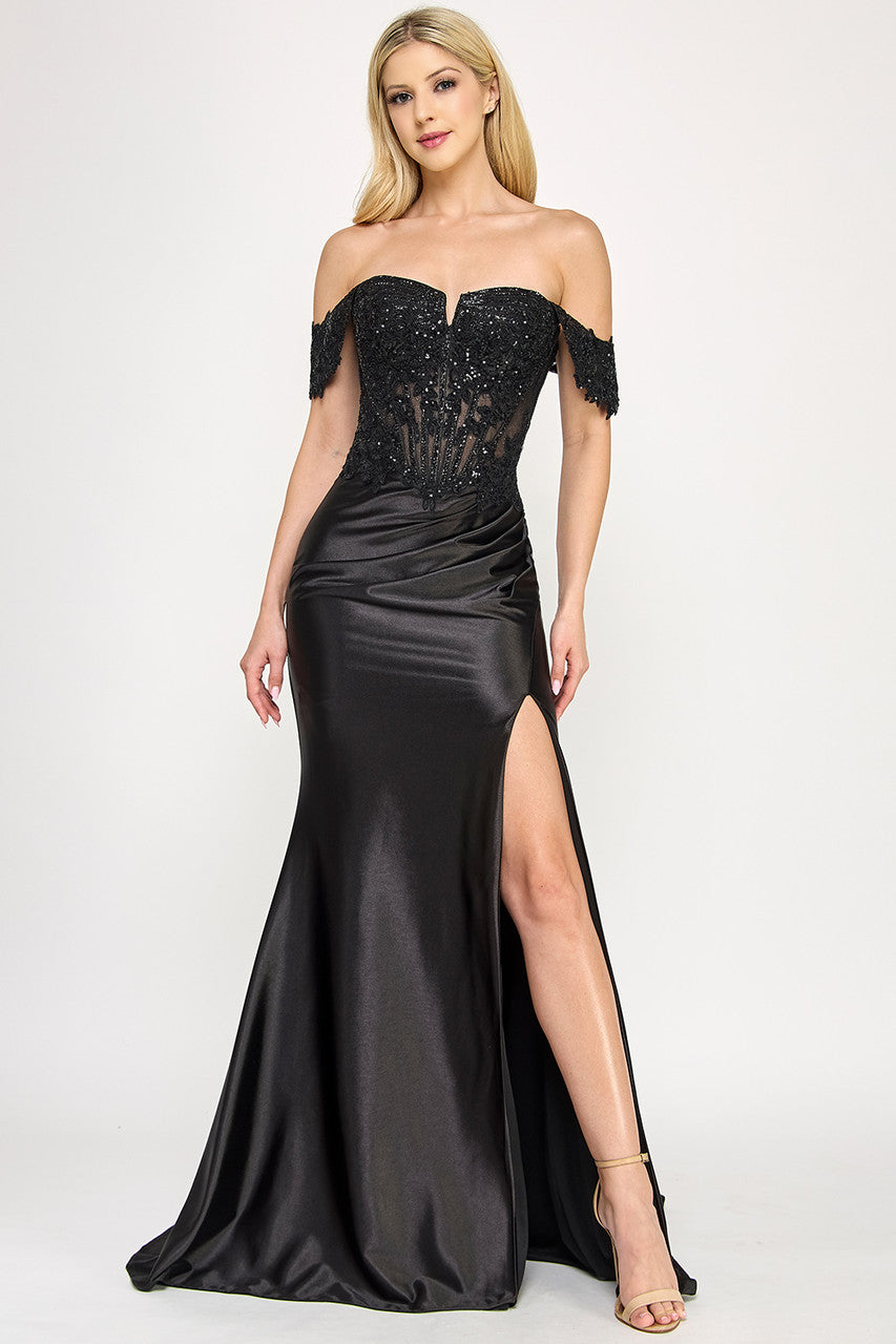 Prom Dresses Formal Evening Prom Fitted Long Beaded Corset Dress Lenovia 8398 Black