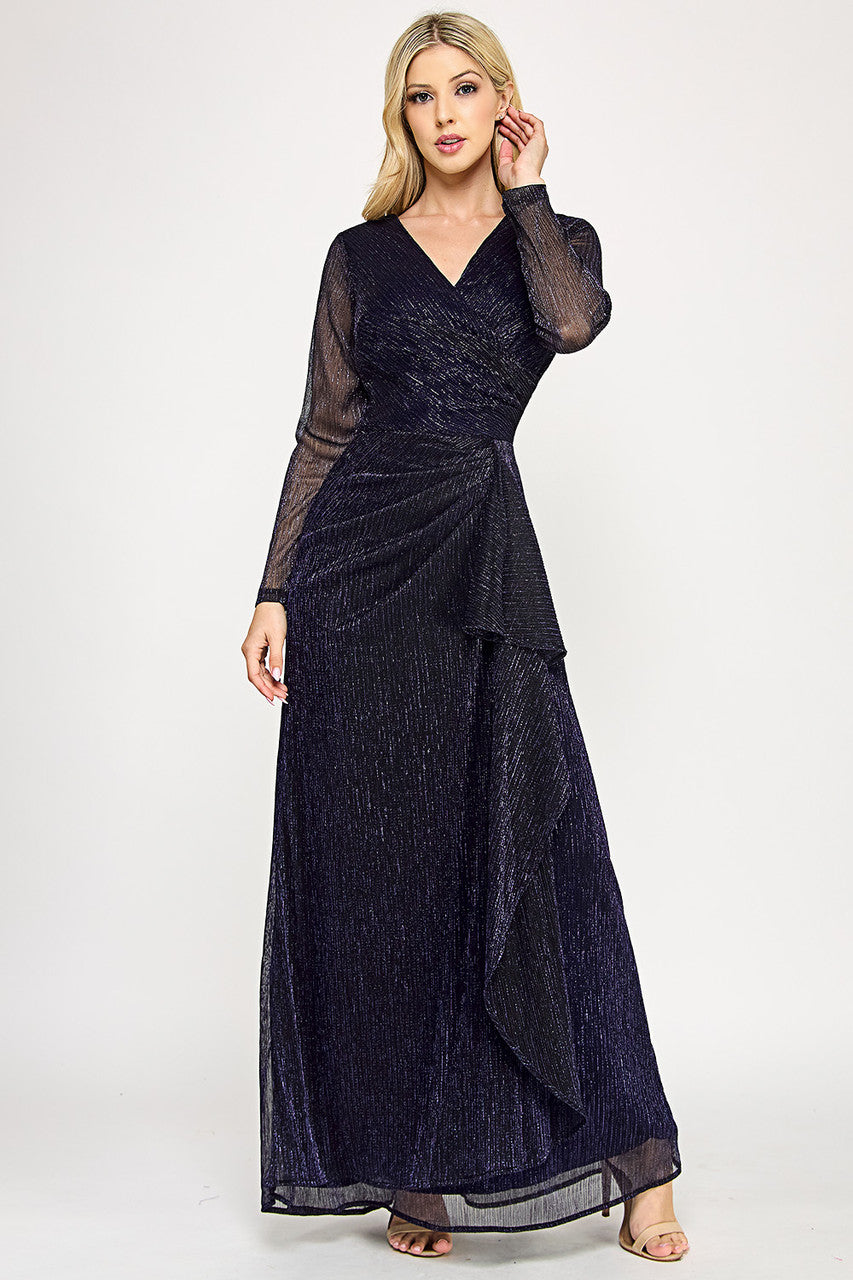 Mother of the Bride Dresses Mother of the Bride Long Sleeve Long Formal Ruffle Dress Lenovia 5324 Navy Blue