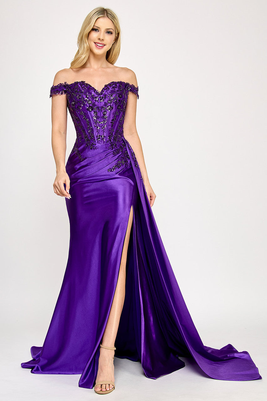 Applique Off Shoulder Slit Gown by Lenovia 8397 XS / Mauve