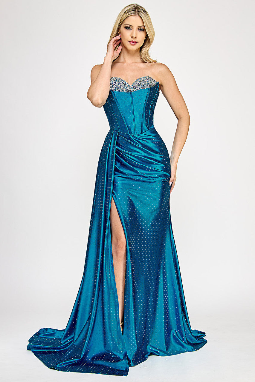 Prom Dresses Corset Beaded Long Formal Pleated Prom Dress Lenovia 8402 Aqua