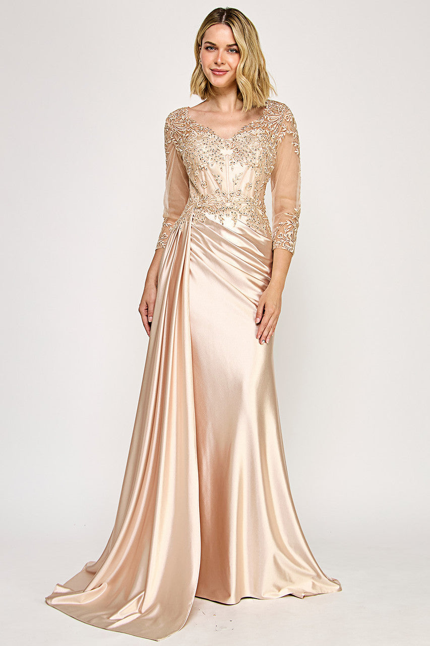 Mother of the Bride Dresses Long Formal Mother of the Bride Lace Applique Corset Dress Lenovia 8366 Champagne