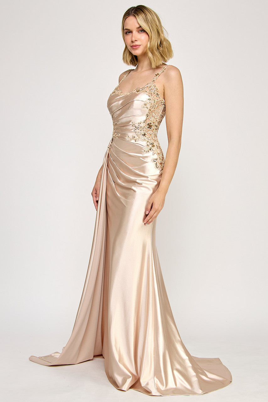 Prom Dresses Long Pleated Prom Formal Fitted Dress Lenovia 8361 Champagne