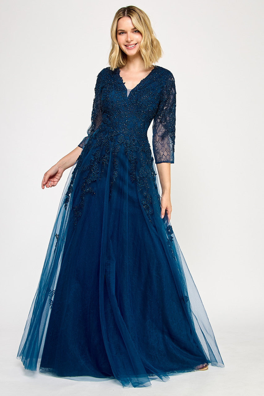 Mother of the Bride Dresses Long Formal Mother of the Bride Lace Applique Dress Lenovia 8370 Navy Blue