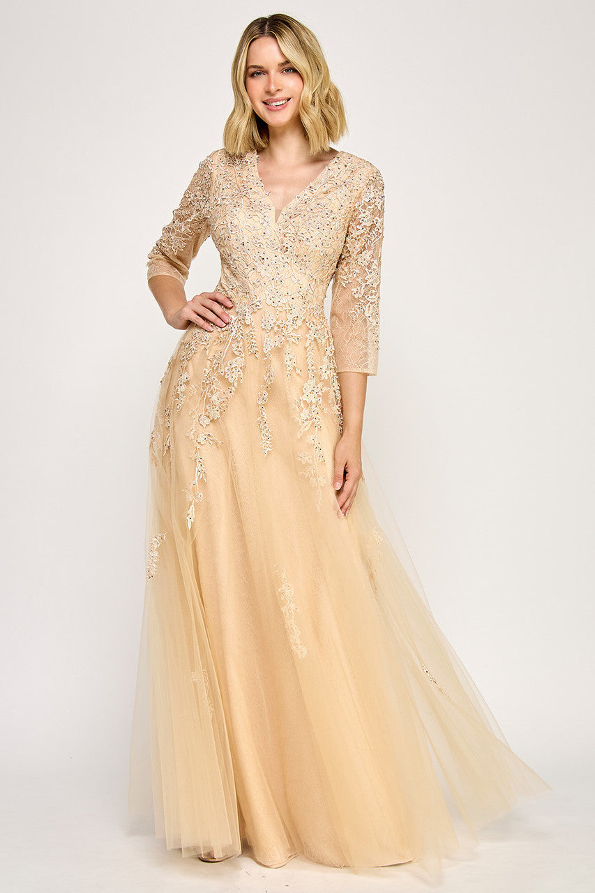 Mother of the Bride Dresses Long Formal Mother of the Bride Lace Applique Dress Lenovia 8370 Champagne