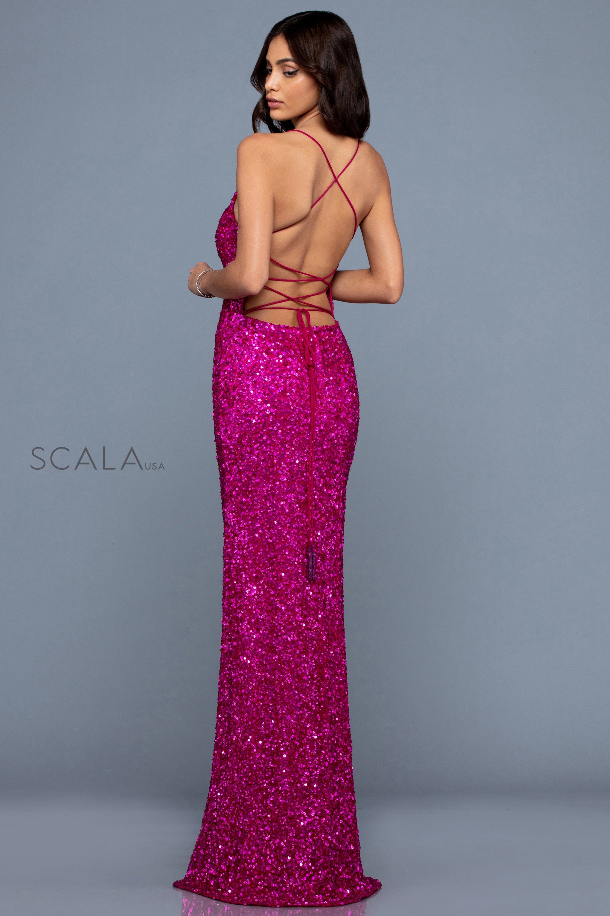 Scala 60100 Fitted Sequin Long Formal Slit Prom Dress
