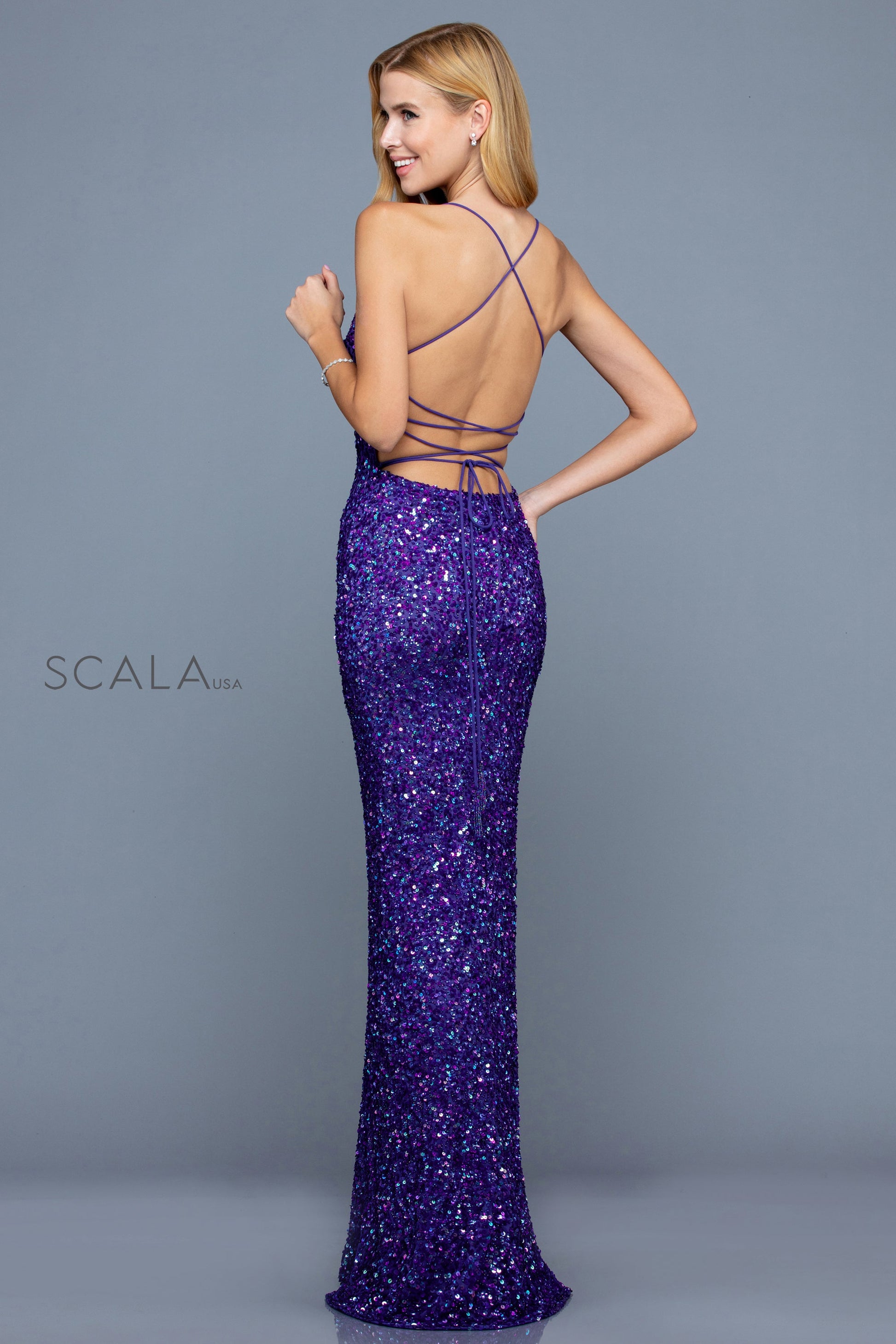Scala 60100 Fitted Sequin Long Formal Slit Prom Dress