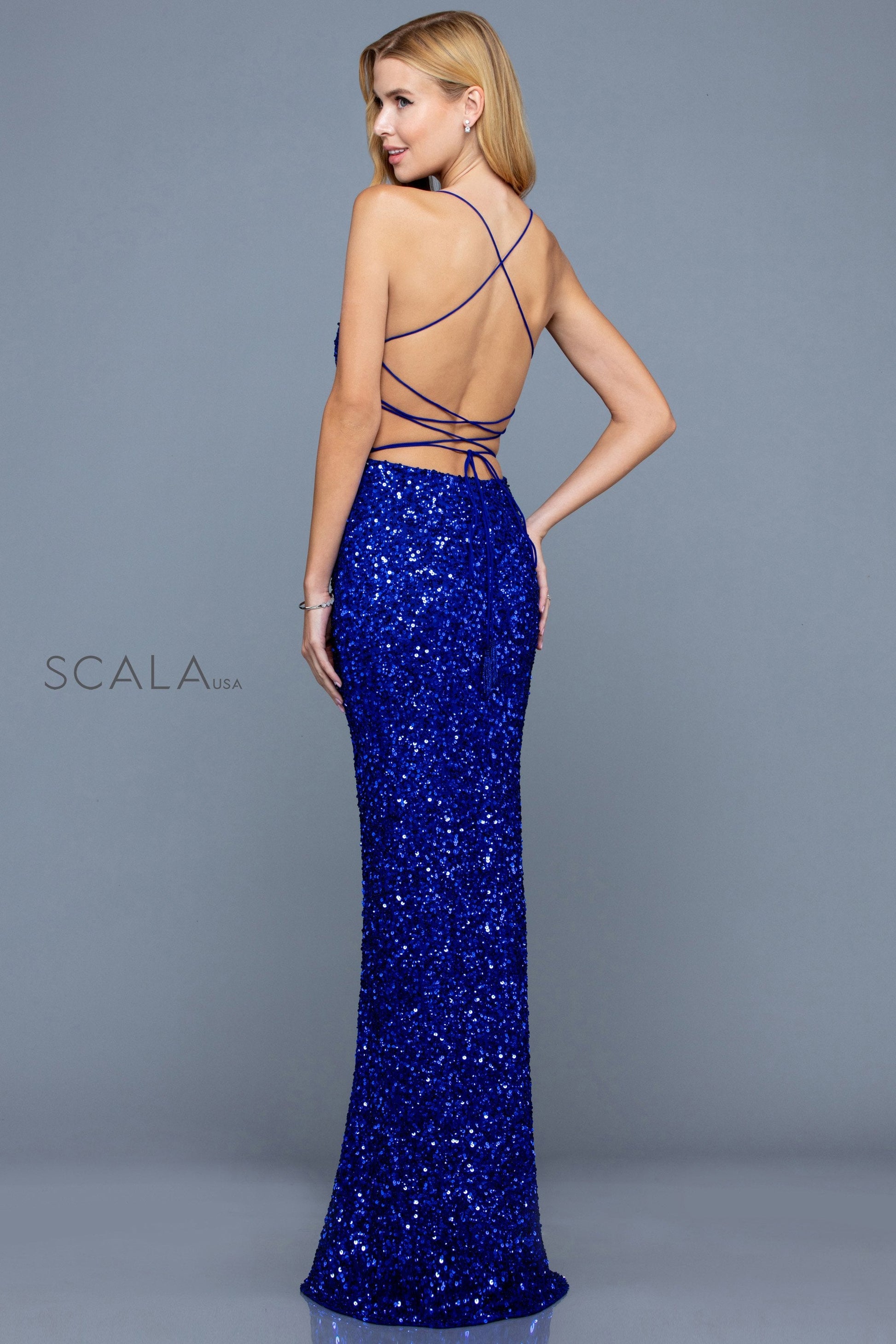 Scala 60100 Fitted Sequin Long Formal Slit Prom Dress