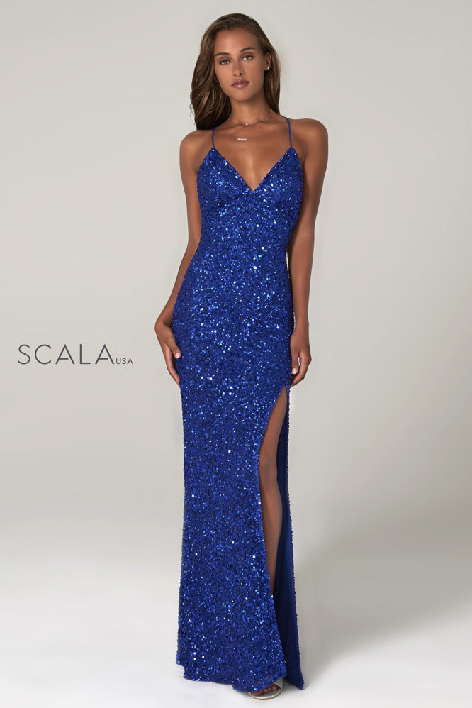 V-Neck Floor-Length Sequin Prom Mermaid Scala 60116