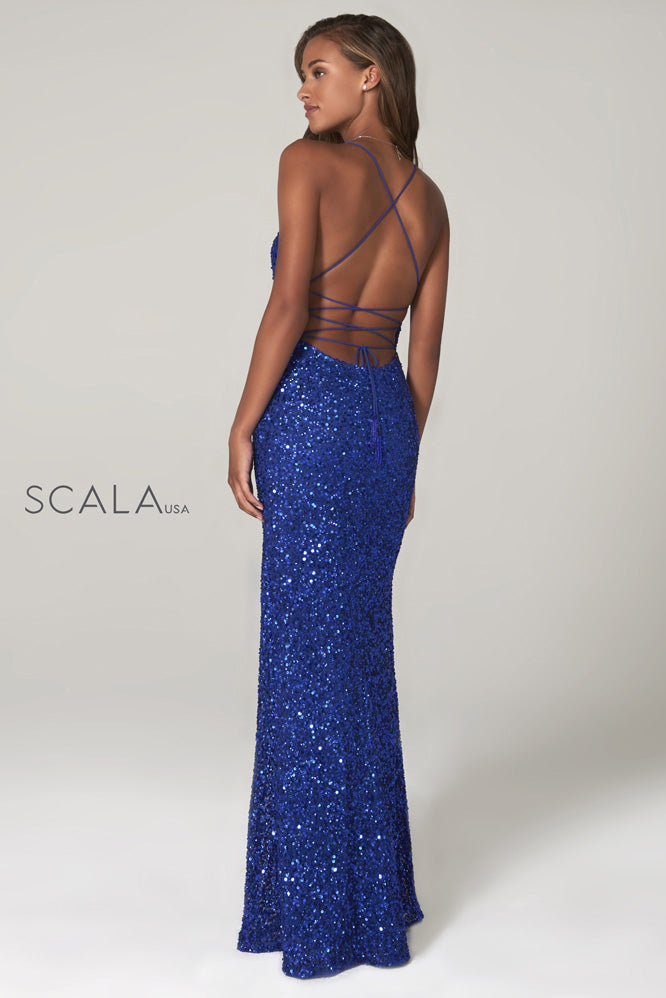 V-Neck Floor-Length Sequin Prom Mermaid Scala 60116