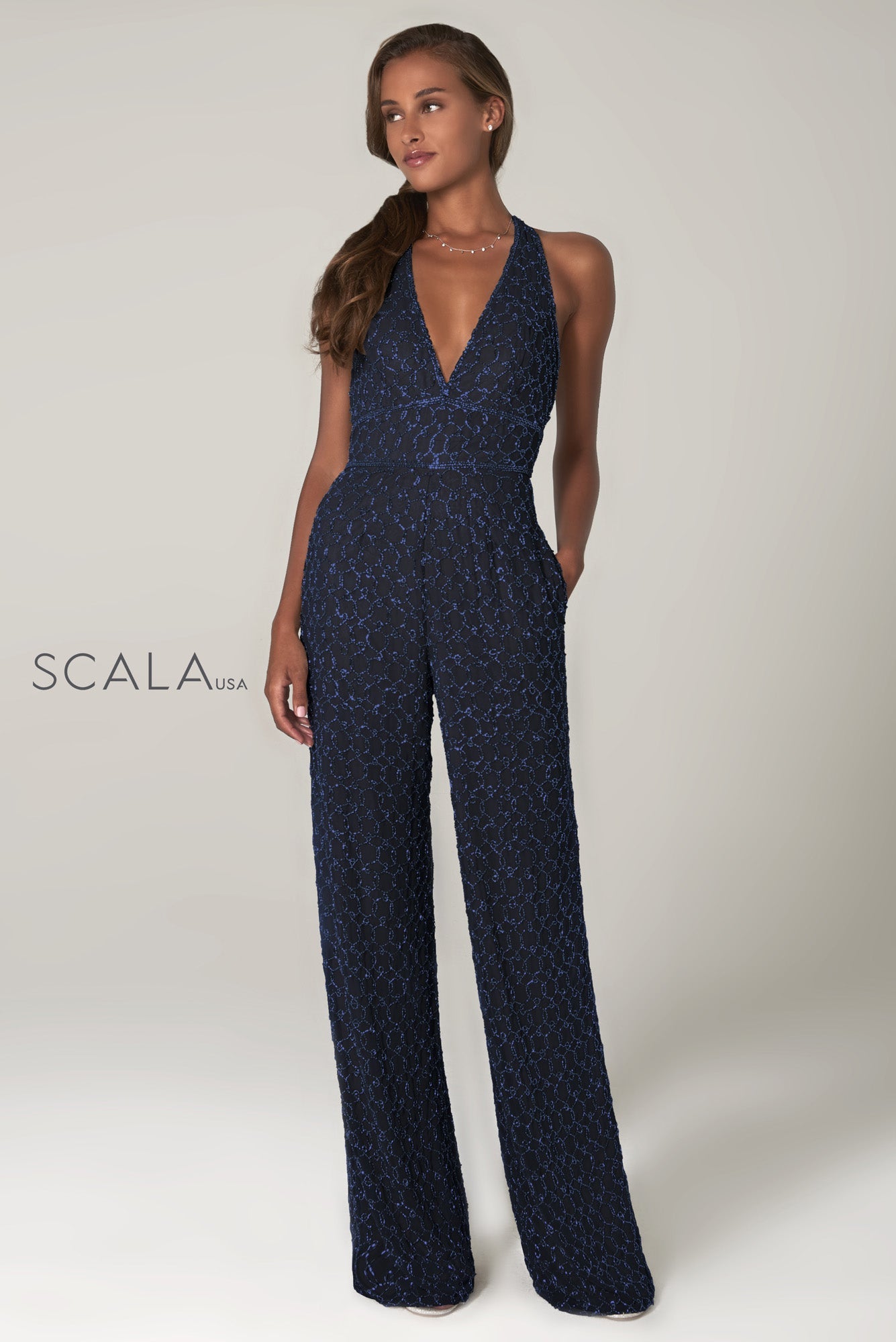 Plunging Halter Long Sequin Lace Jumpsuit by Scala 60132 in Midnight